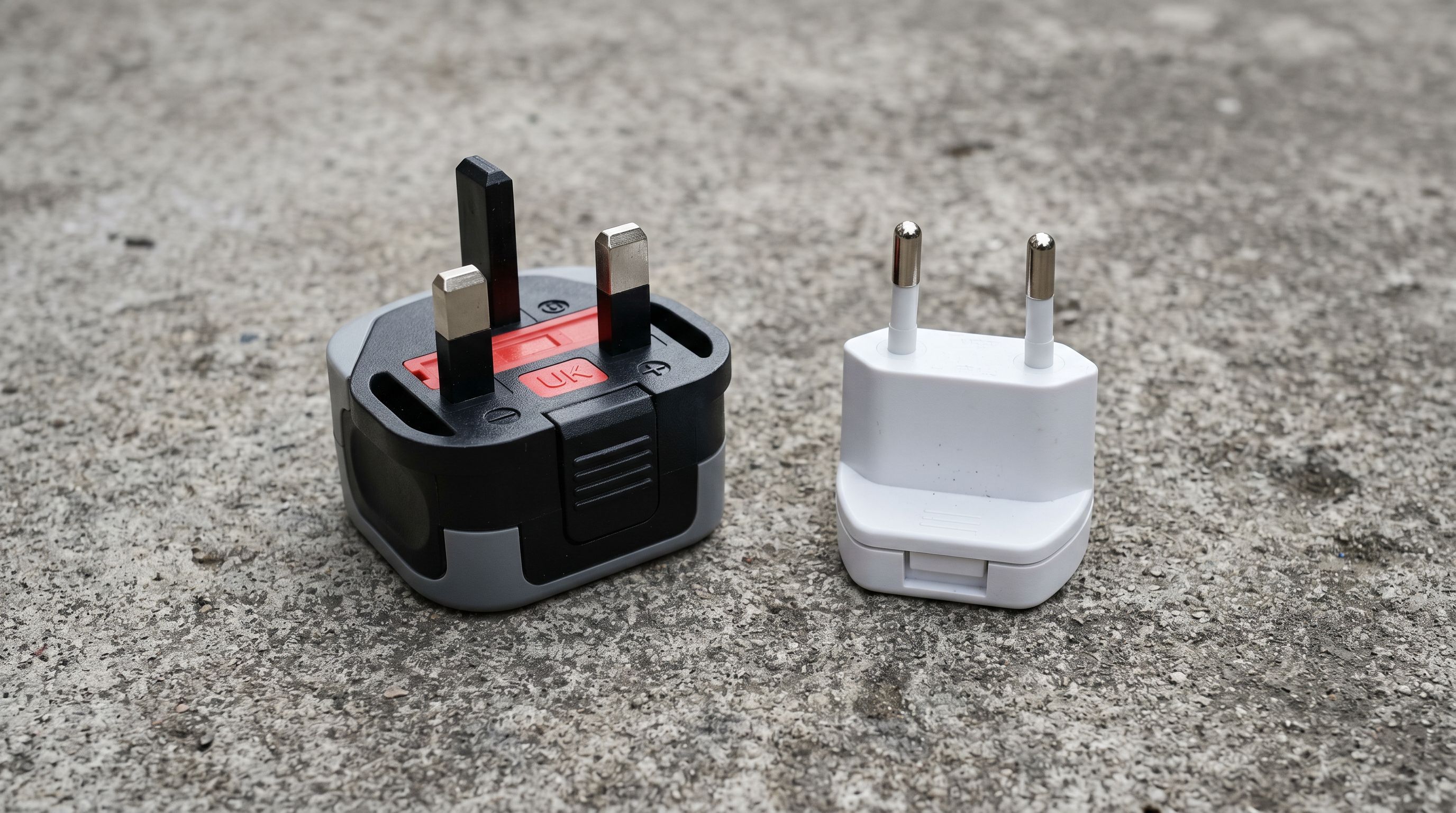 Two incompatible electrical plug adapters side by side on a grey concrete surface, each with a different pin configuration that cannot connect to the same socket, showing format incompatibility.