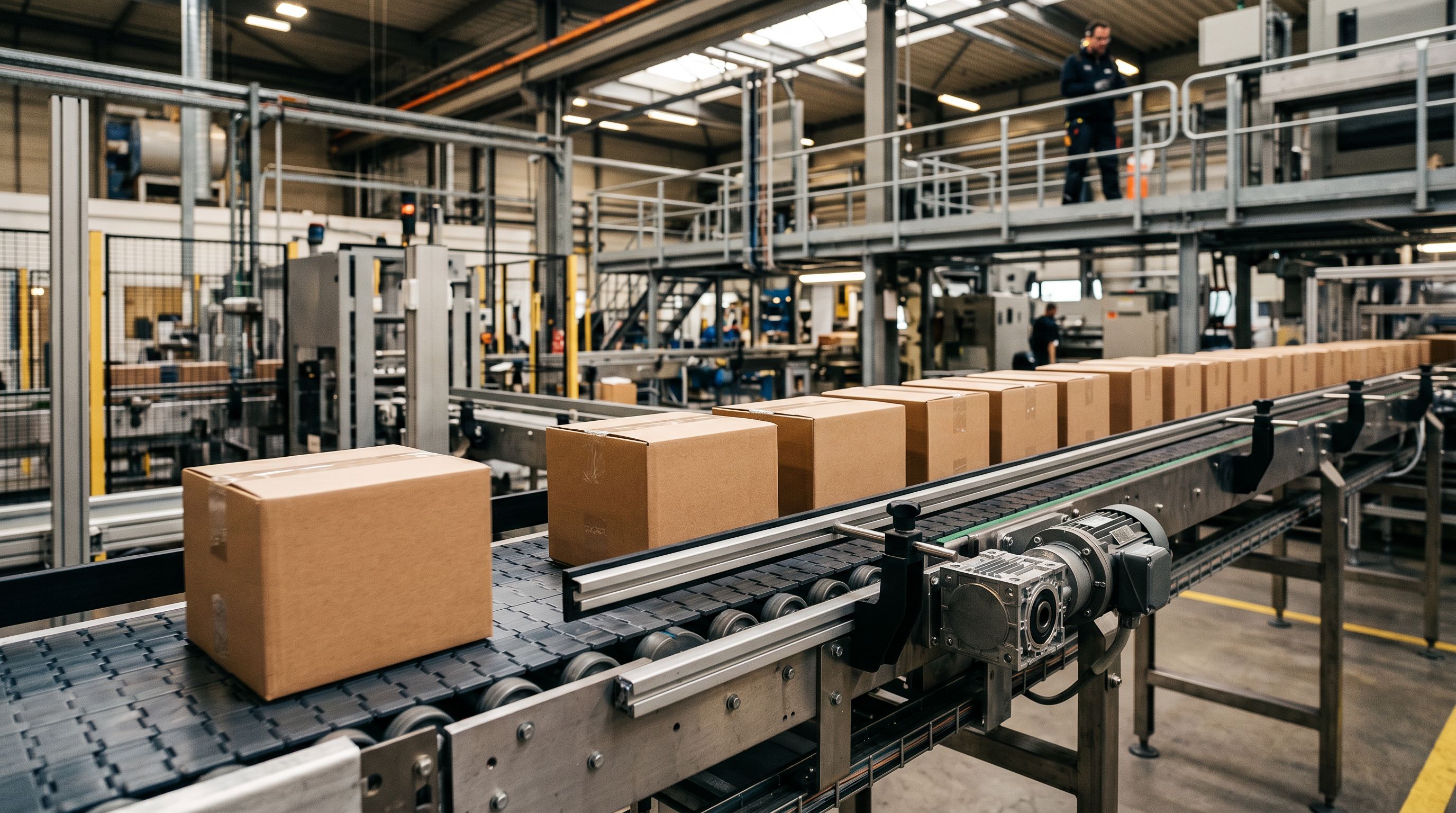 An industrial conveyor belt moving smoothly in a well-lit factory, carrying small uniform boxes at speed, representing an automated and efficient import workflow.