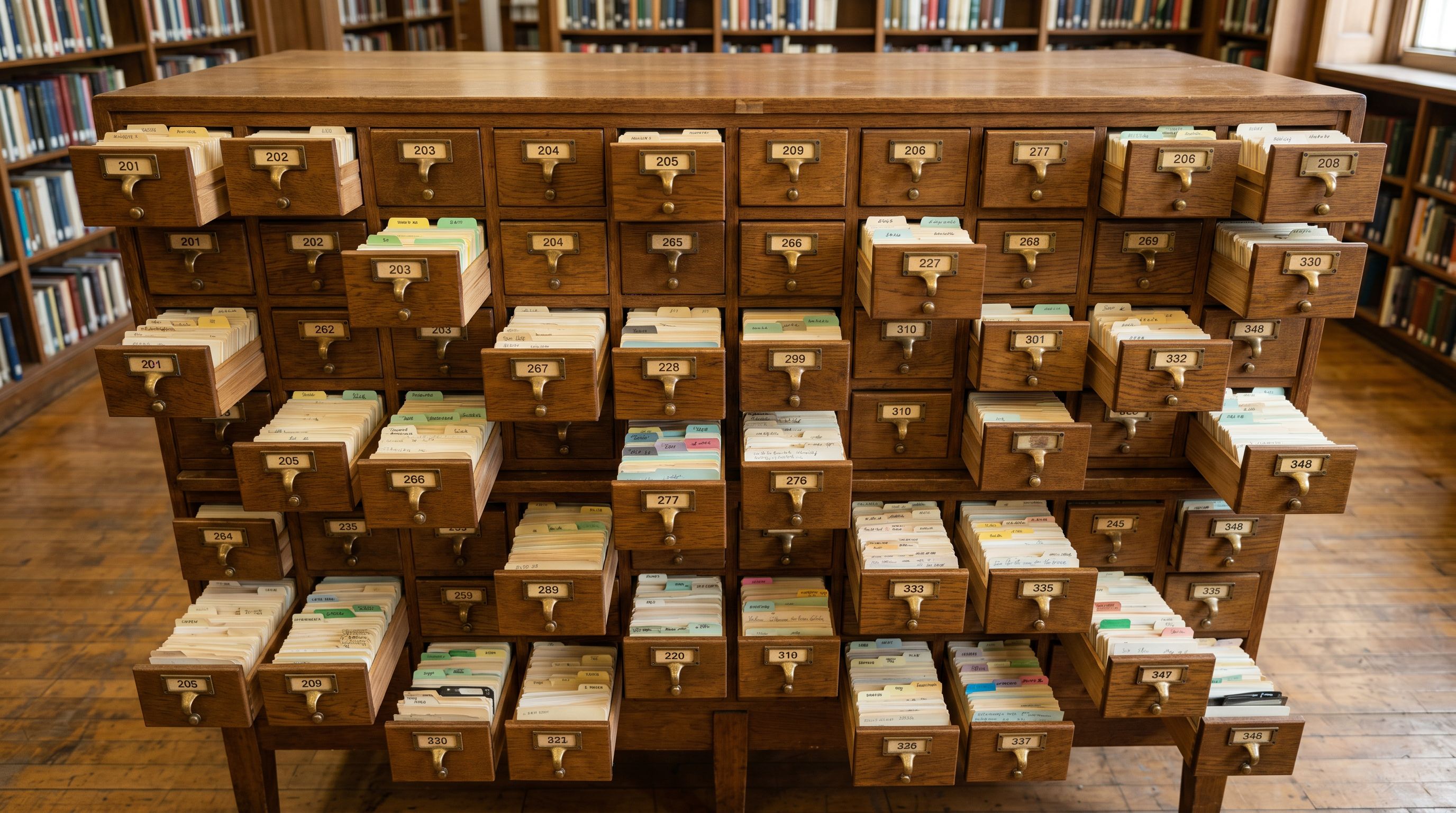 A vintage wooden library card catalogue with dozens of small oak drawers pulled open at various levels, each showing colour-coded index cards with tabs, representing category organisation and structured classification.