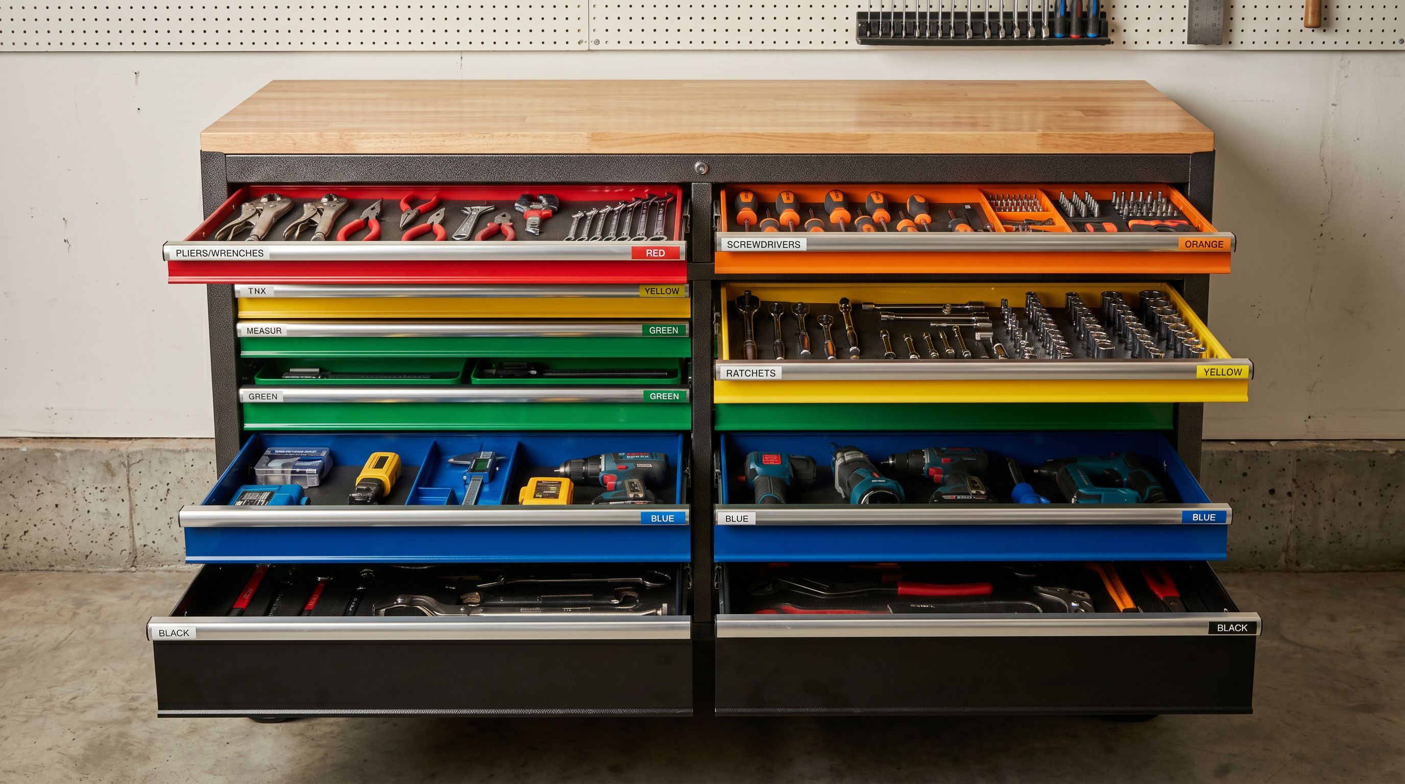 Organised steel tool chest with colour-coded labeled drawers of varying sizes representing configurable supplier presets.