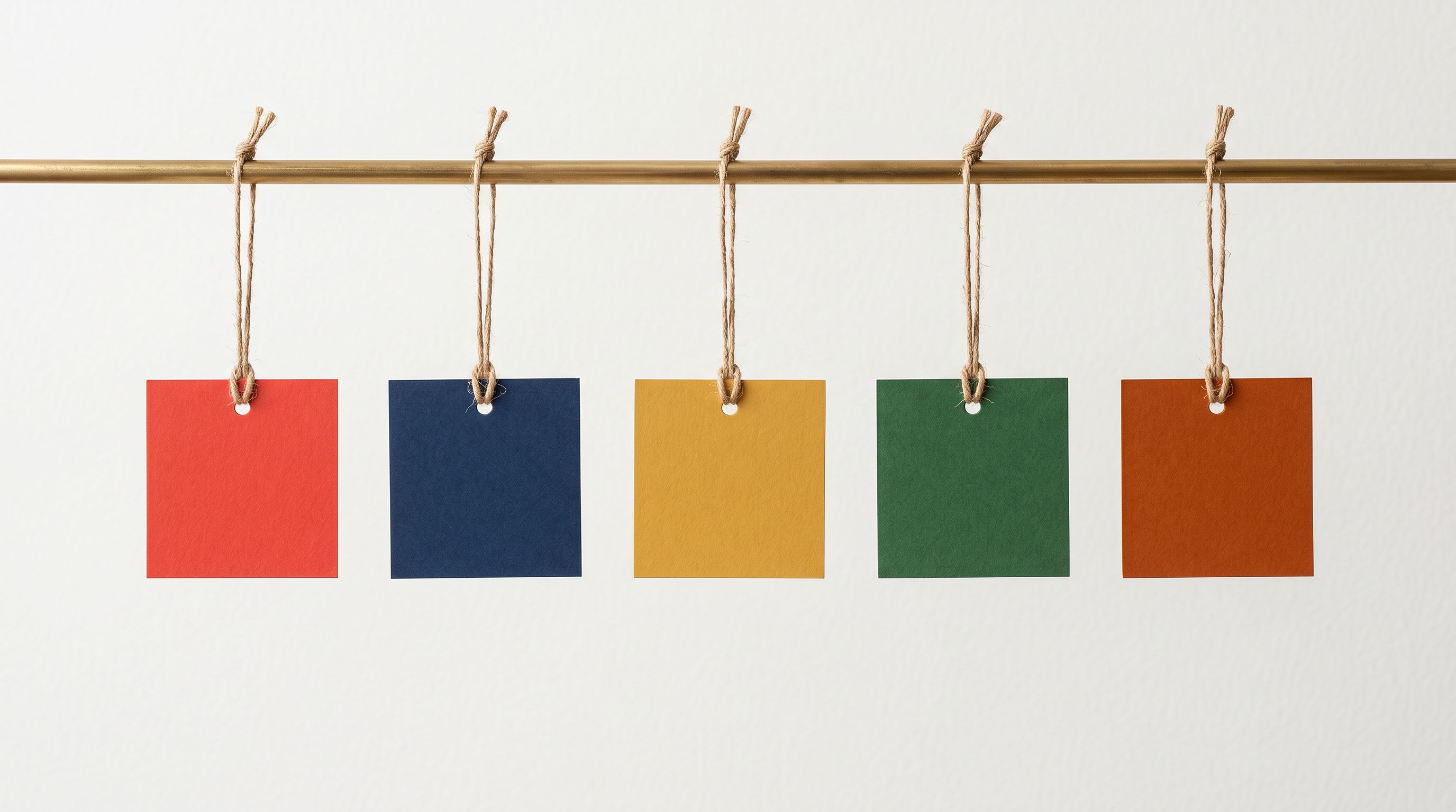 A row of five coloured price tags hanging from a brass rail against a white background representing different product categories in a catalogue.