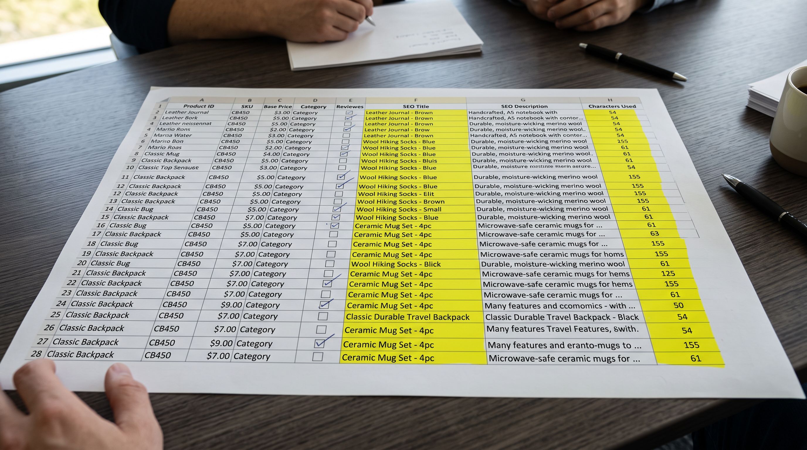 Wide spreadsheet printout on a table with three columns highlighted in yellow showing SEO title and description fields selected for review
