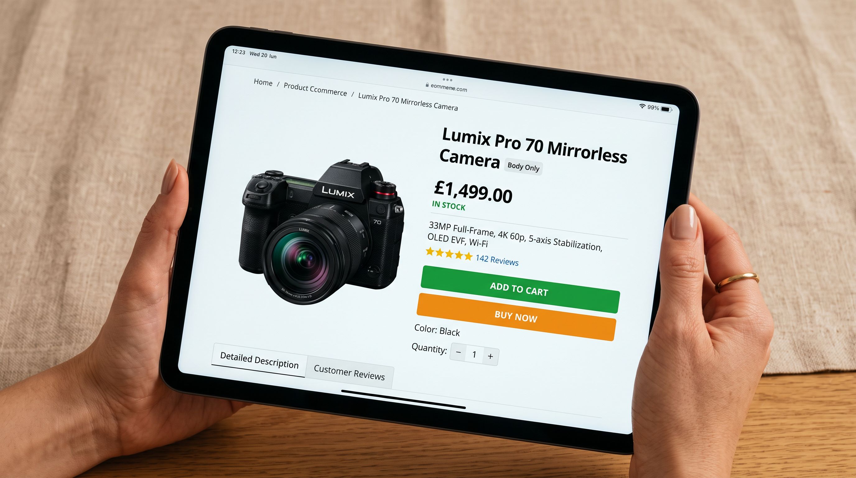 Hand holding a tablet showing a product page with correct title and price displaying normally, representing a visually correct page with hidden data errors