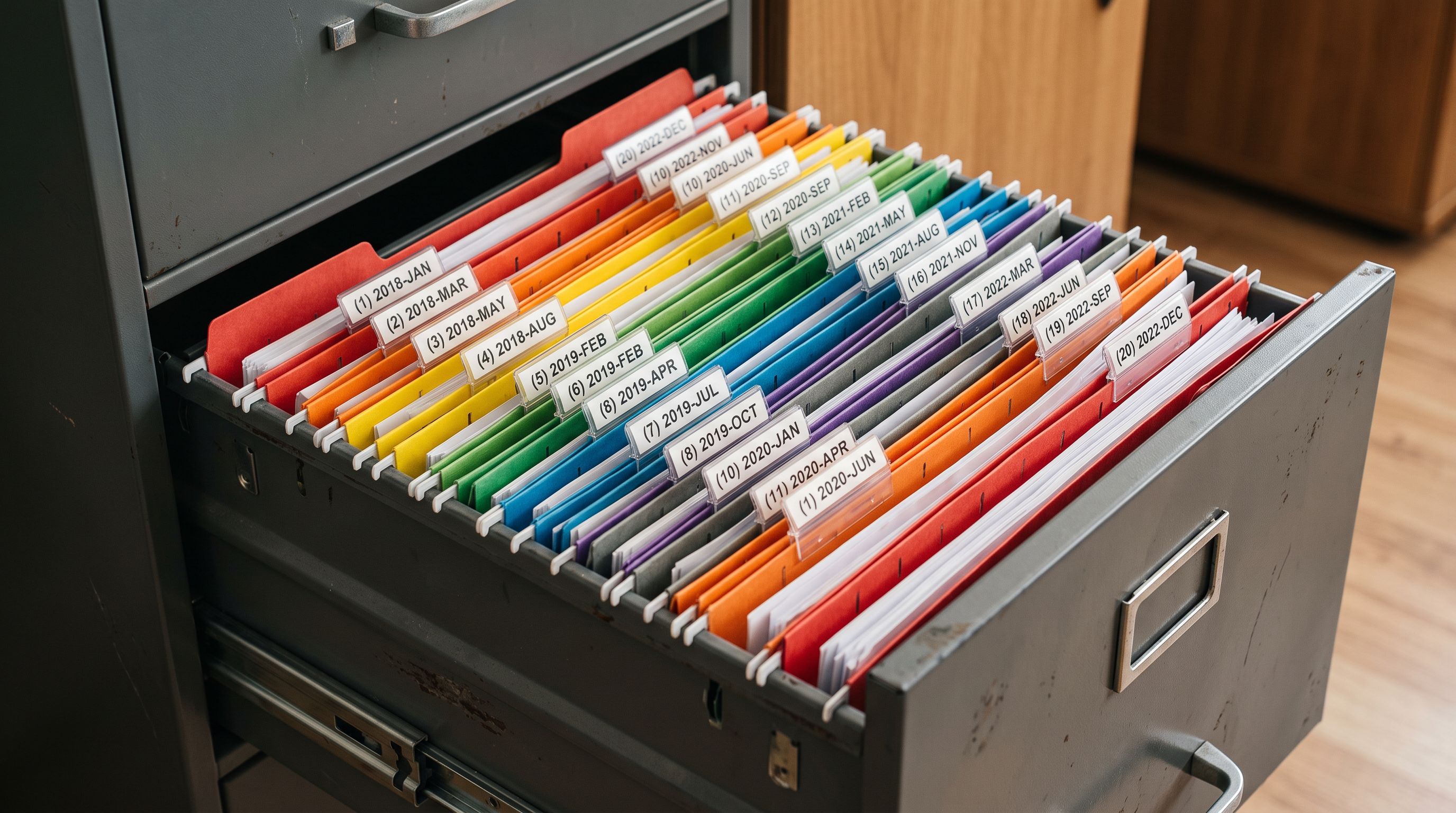 Open metal filing cabinet drawer with twenty colour-coded import batch folders in chronological order representing import history records