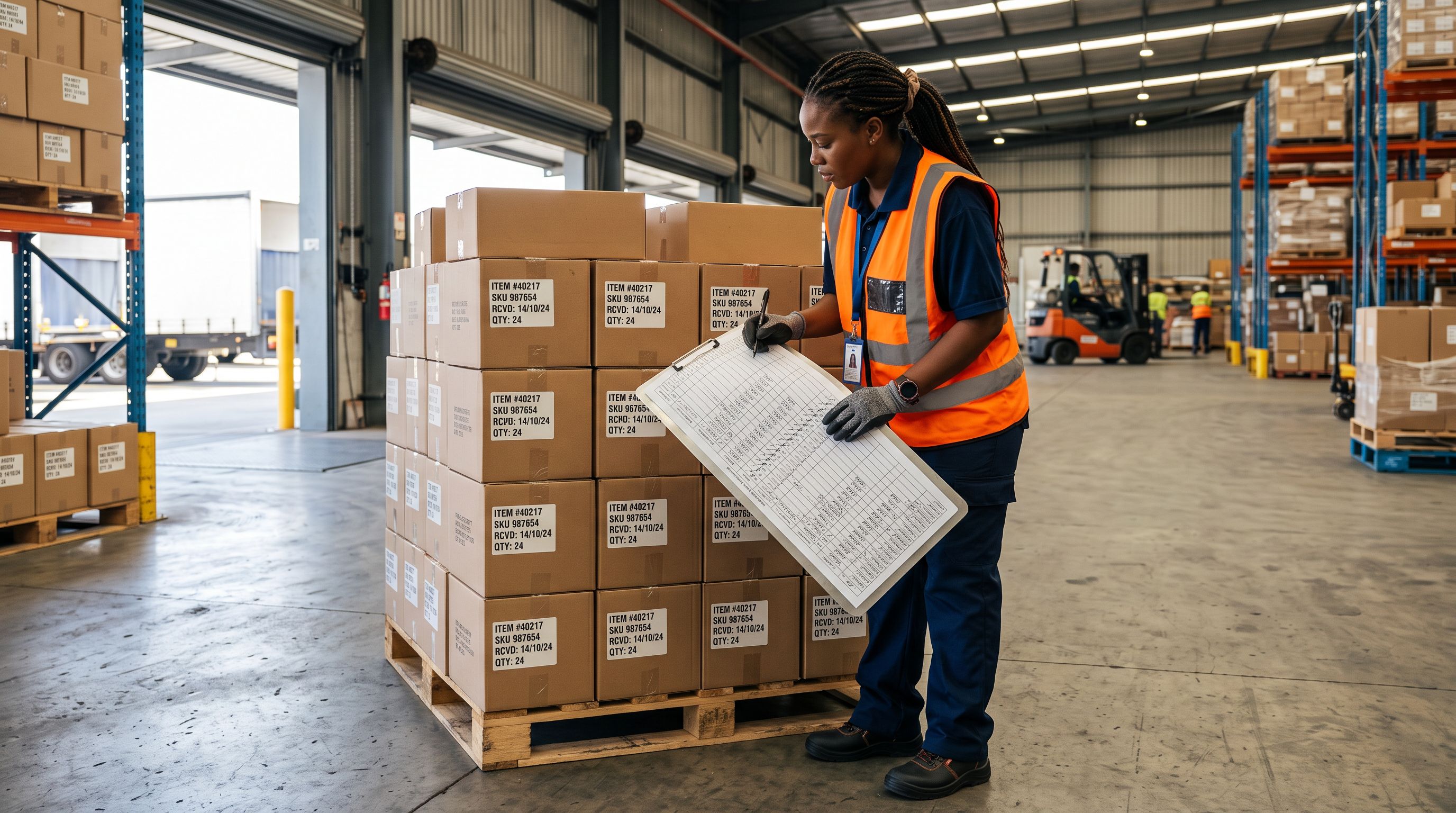 Warehouse worker at a receiving dock systematically checking each row of a multi-column product clipboard checklist against stacked cartons