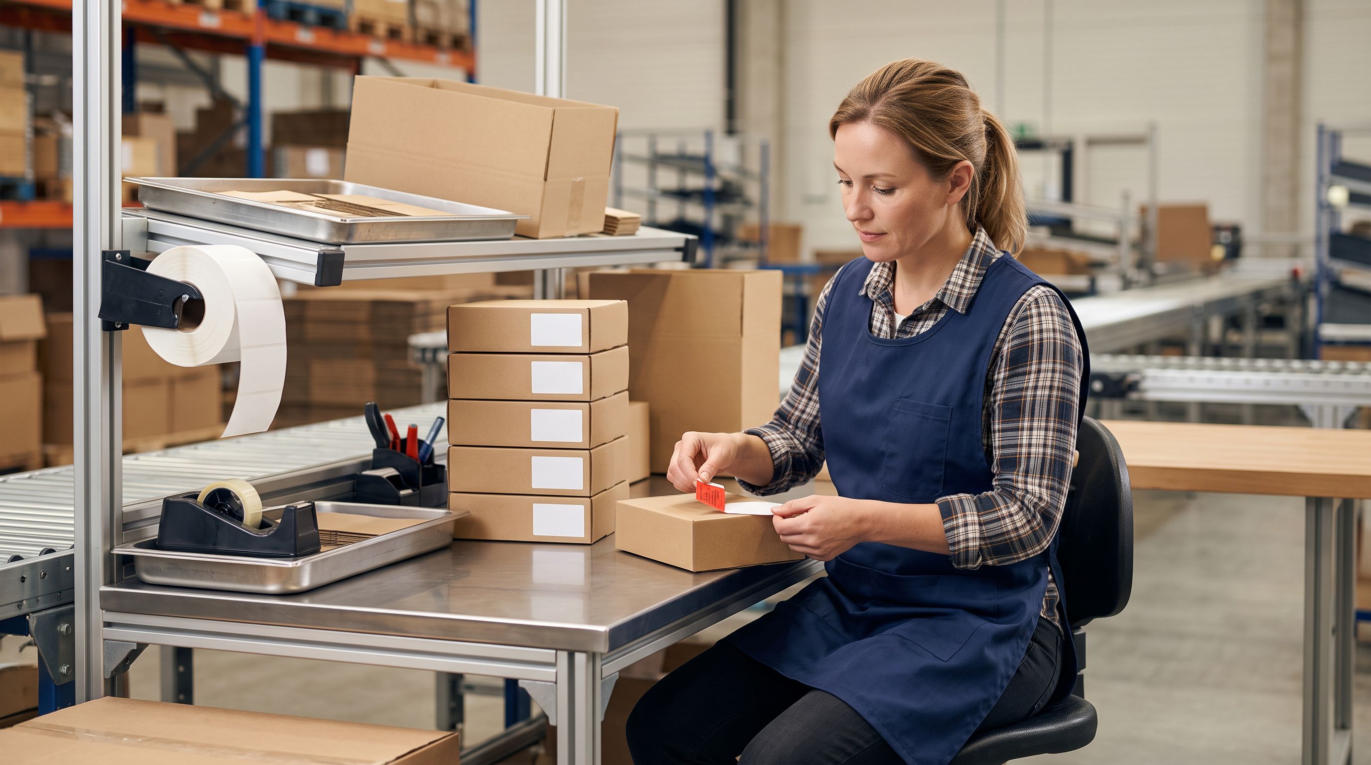 Worker at a packing station removing a mismatched price label from a boxed product and replacing it with the correct label