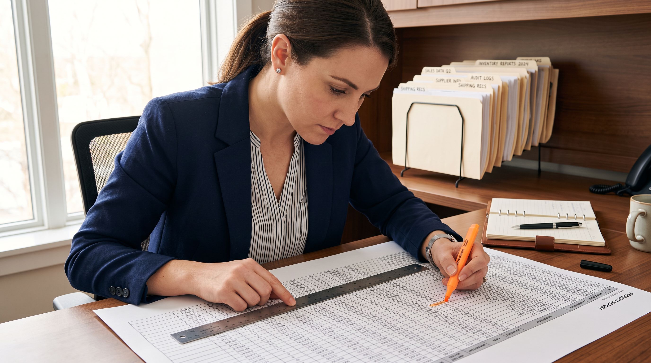 Person tracing rows of a printed product data report with a metal ruler and highlighter in a tidy workspace with labelled file folders