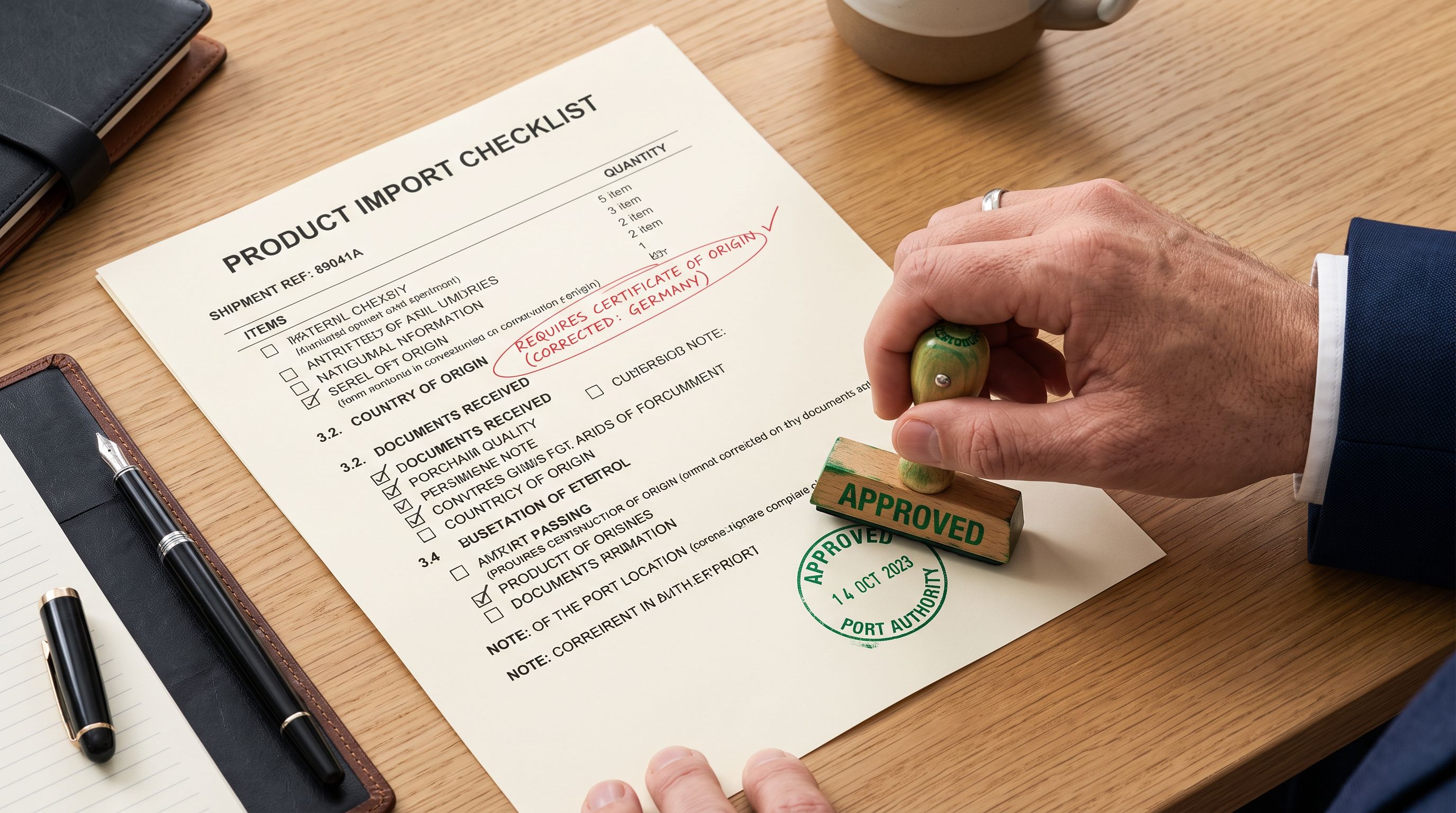 Hand pressing a green approval stamp onto a printed import checklist with a red correction mark visible on the earlier section