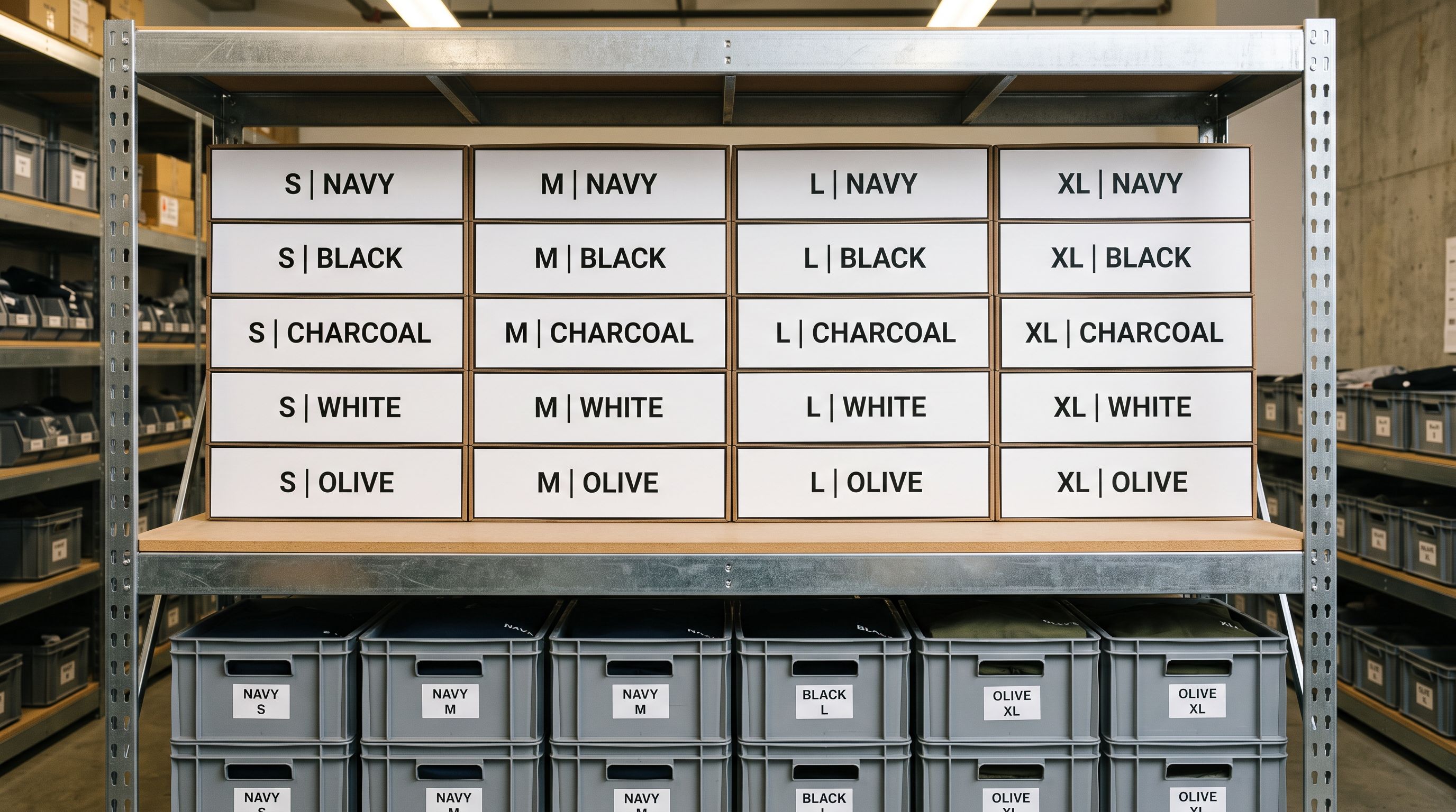 Retail stockroom shelf with product size and colour variant cards arranged in a neat grid, storage bins organised below