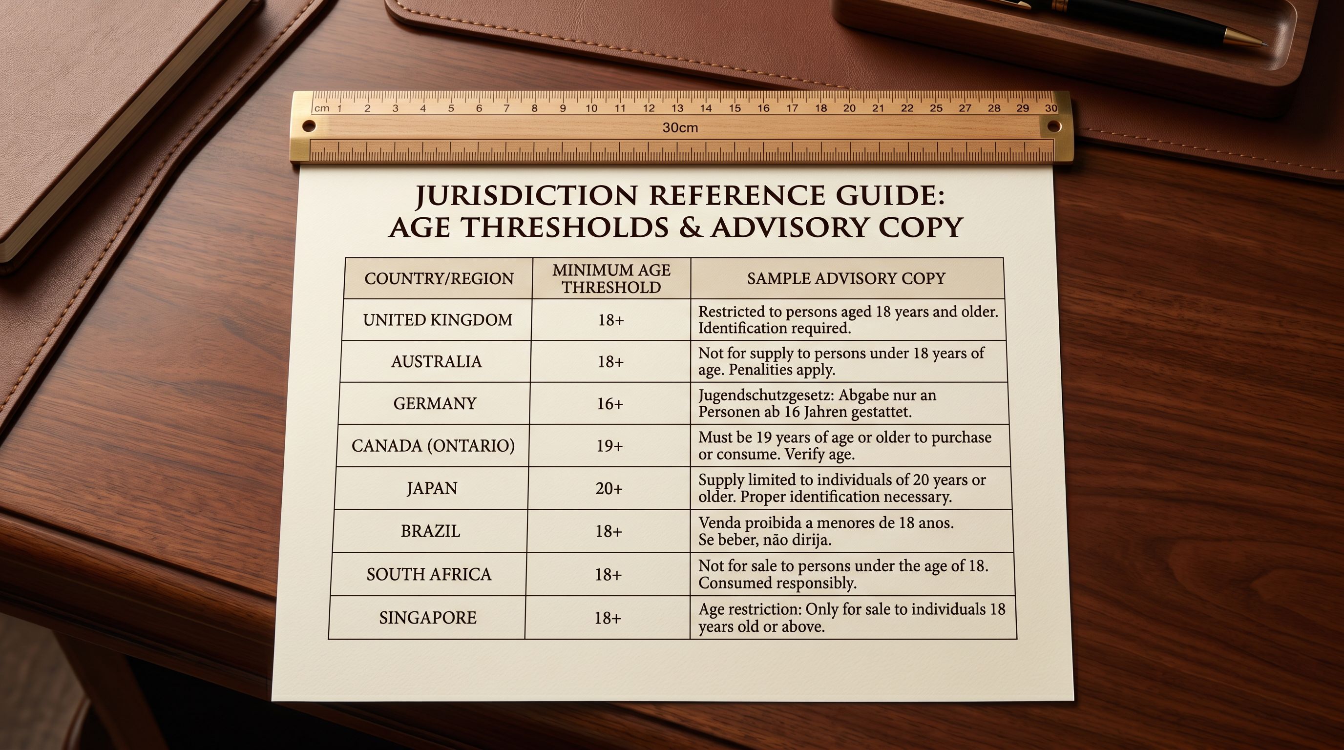 Printed age verification jurisdiction table on a desk showing a country column on the left, an age threshold column in the middle, and a sample display copy column on the right, with a ruler aligned at the top.