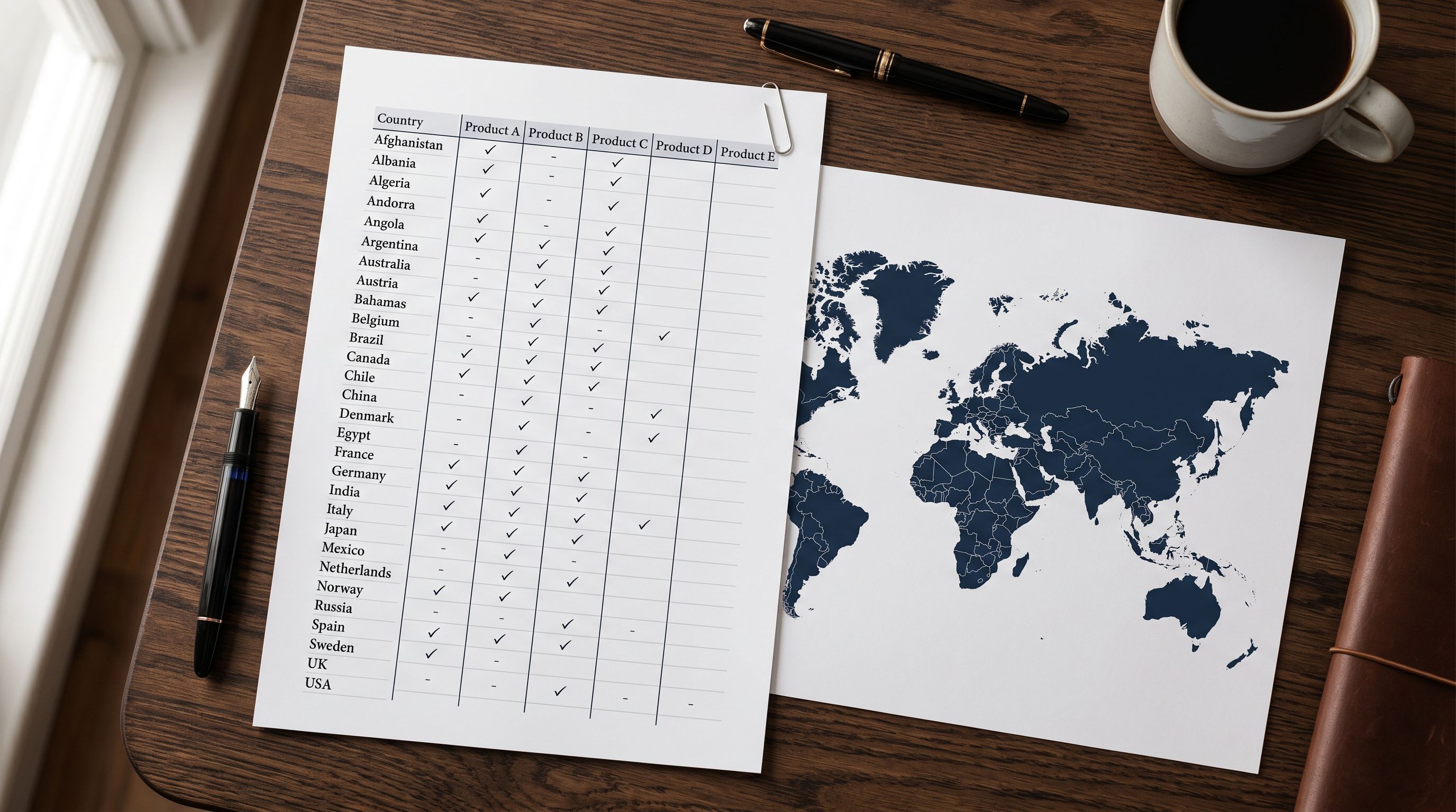 Printed country restriction reference sheet on a desk showing a list of countries with product category restrictions marked beside each, with tick marks indicating which restrictions apply to a sample product range.