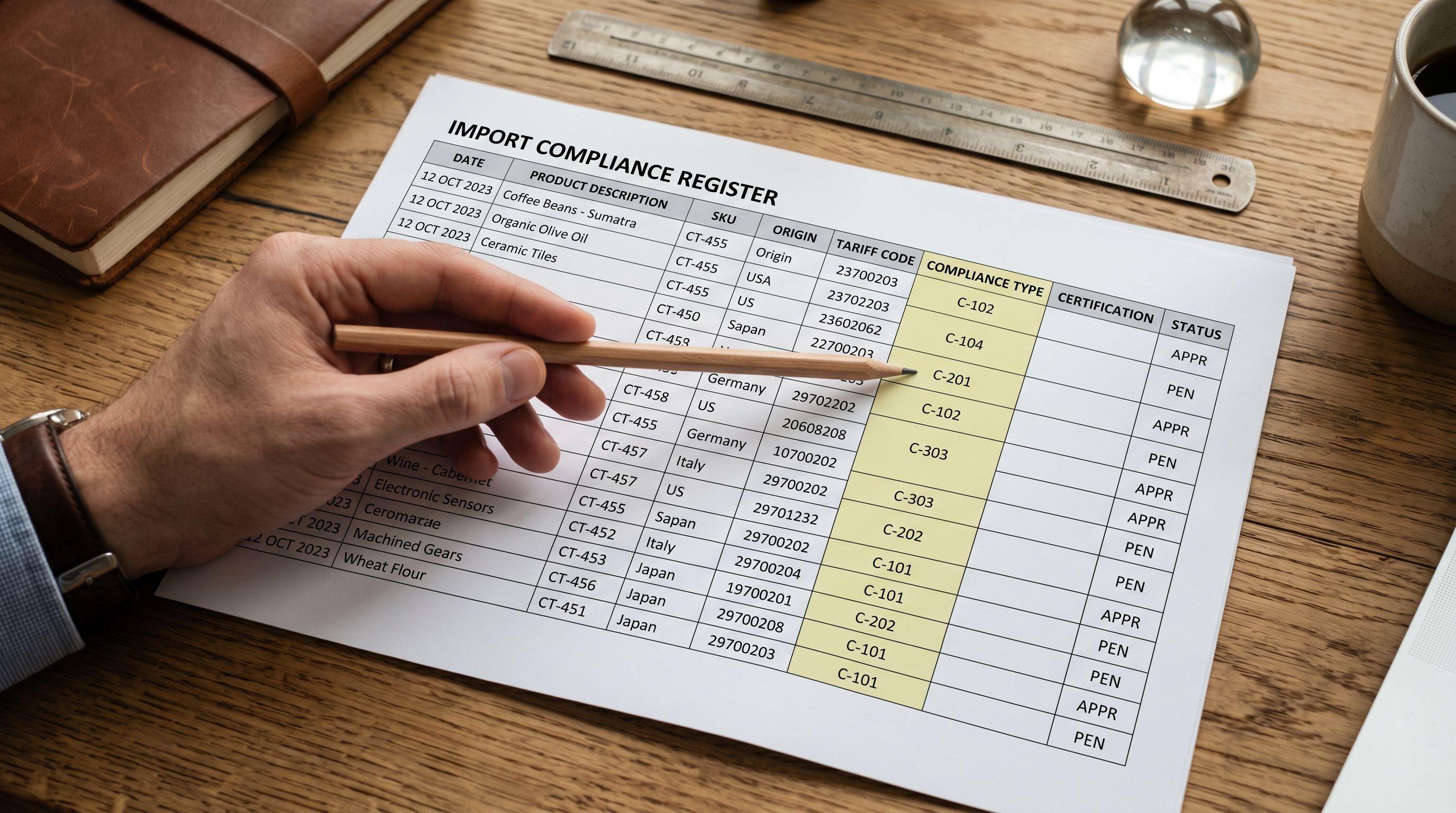 Printed mixed-catalogue import spreadsheet on a desk showing product rows with a compliance type column containing different values: CONSULT_PROFESSIONAL, AGE_18, and blank cells for standard products, with colour coding visible along the compliance column.