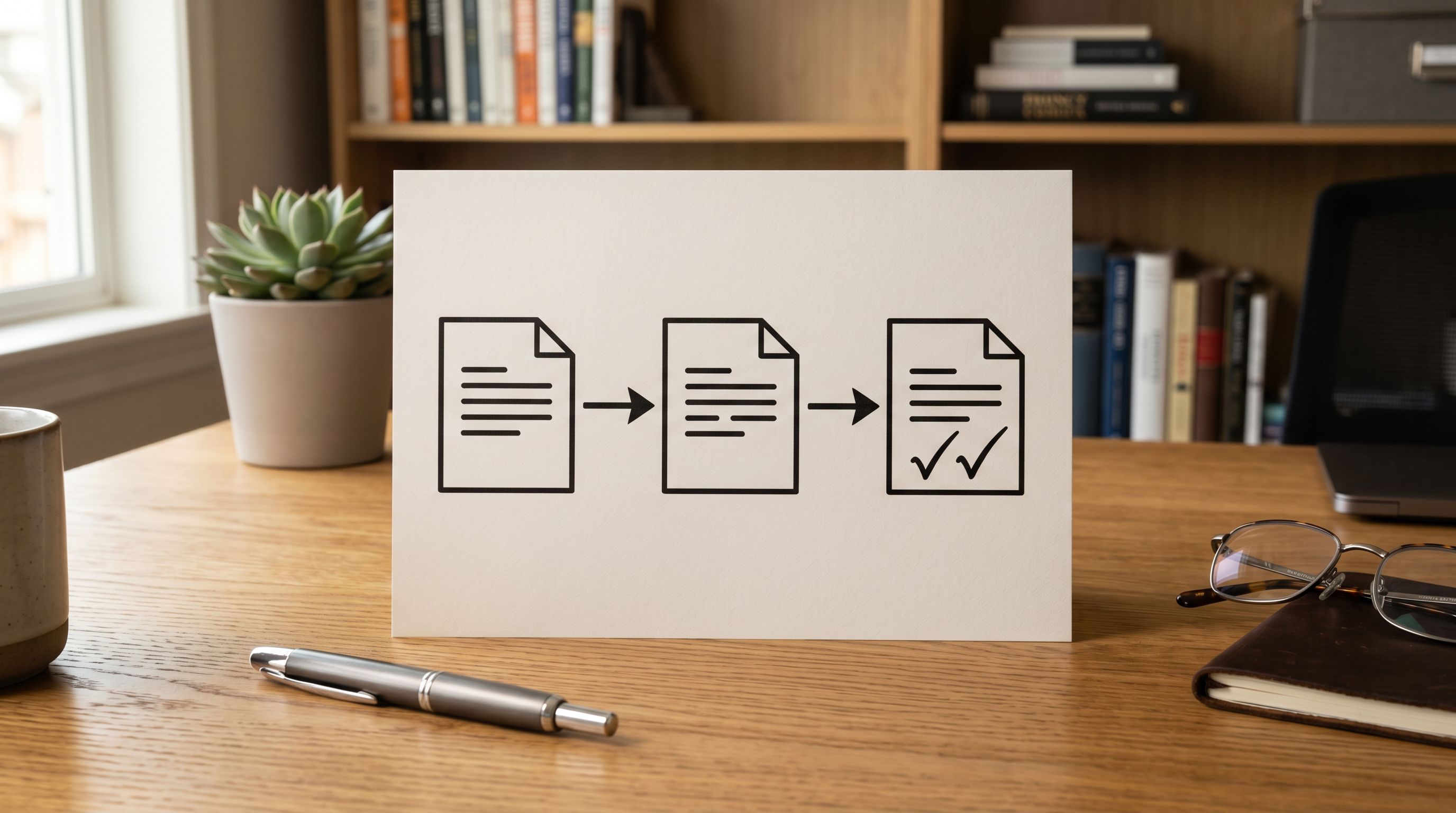 Printed re-import compliance workflow diagram on a desk showing a three-column flowchart: original import with compliance flags on the left, updated CSV with preserved compliance column in the middle, and confirmed re-import with unchanged compliance status on the right.