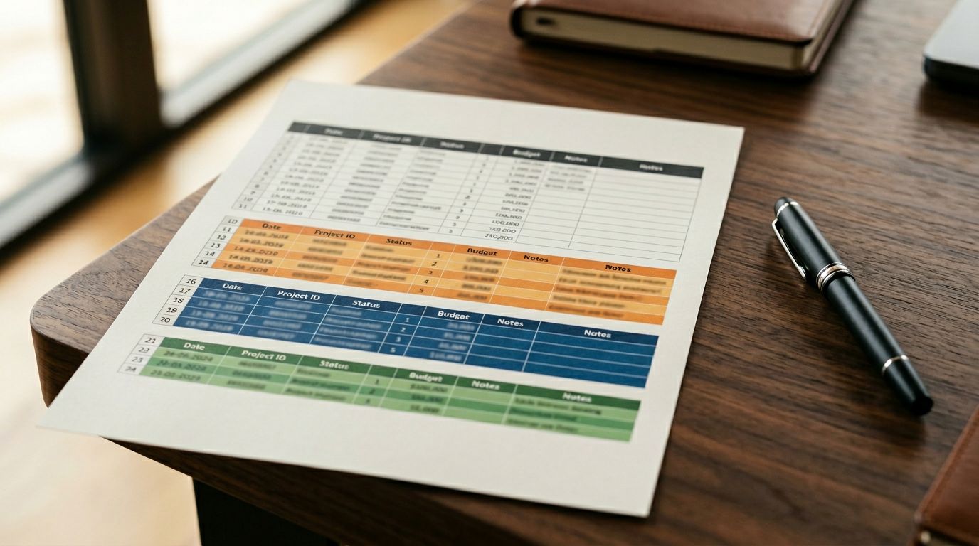 Printed spreadsheet laid flat on a desk with colour-coded rows and a pen resting beside it.