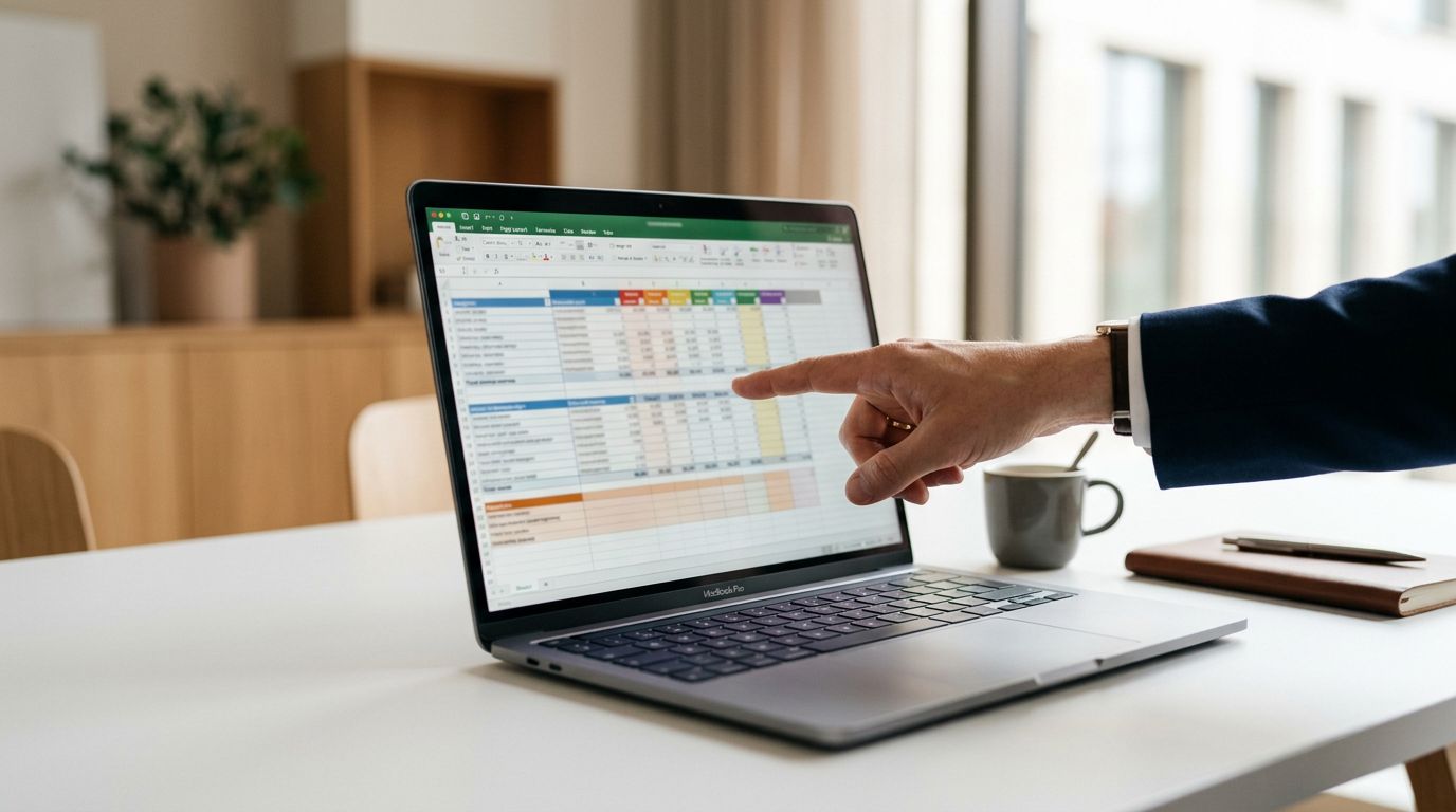 Laptop on a clean white desk with a spreadsheet on screen, product rows organised in groups, a hand pointing at the screen.