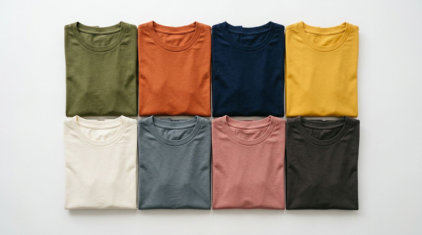 Several folded t-shirts in different colours arranged neatly on a clean white surface, viewed from above.