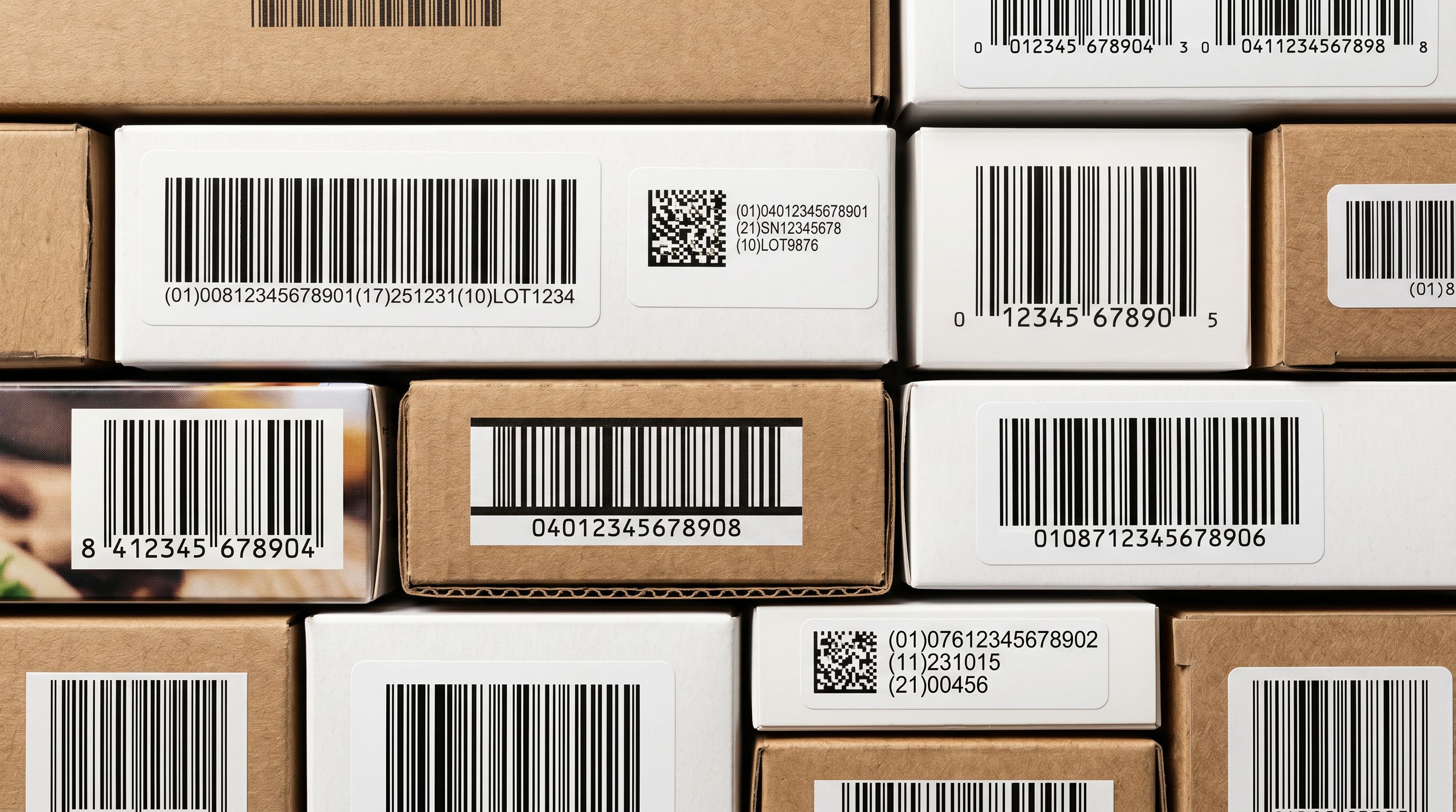 Close-up of product barcodes on manufacturer packaging boxes arranged on a white surface showing different barcode formats.