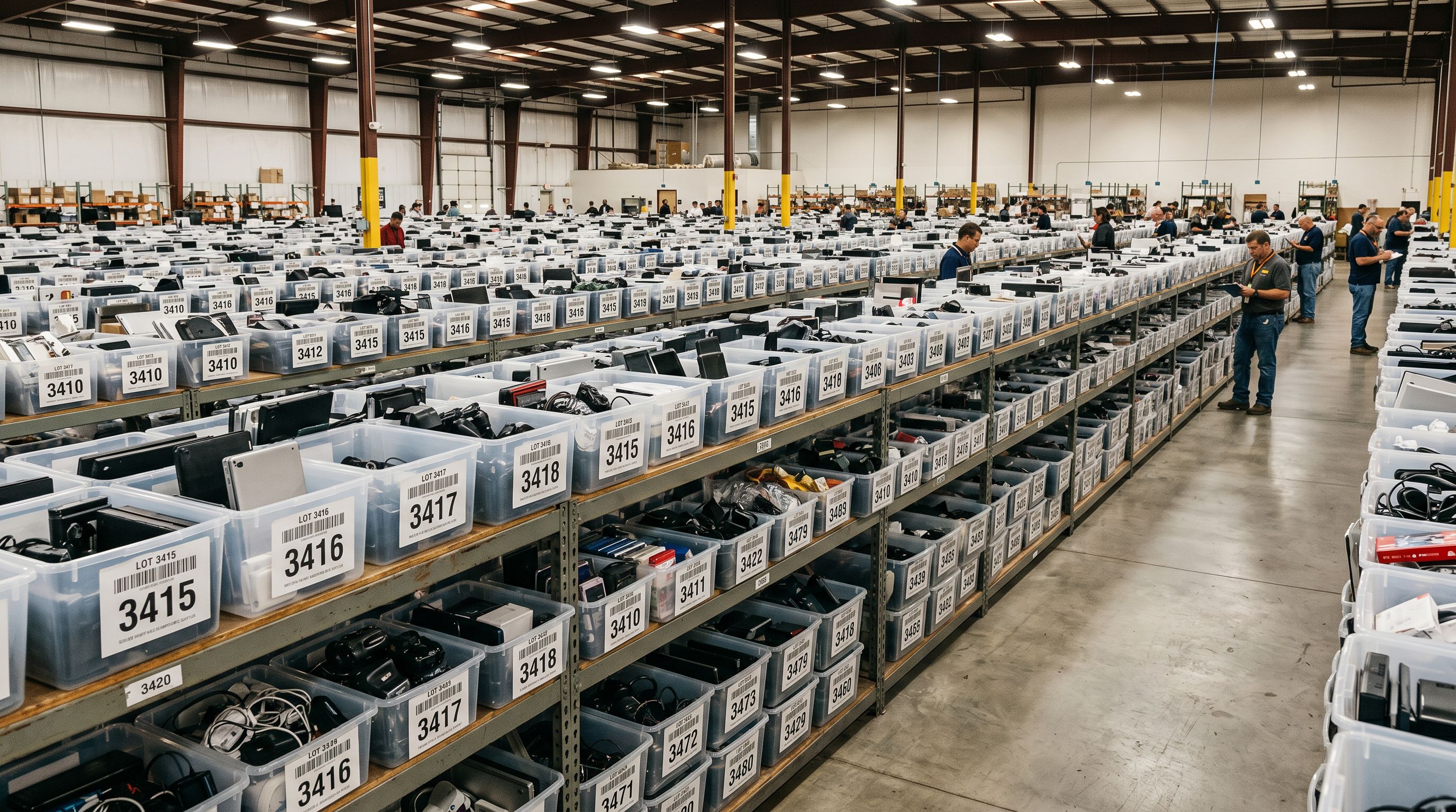 Trade auction floor with rows of mixed consumer electronics in bins tagged with barcode lot numbers under warehouse lighting.