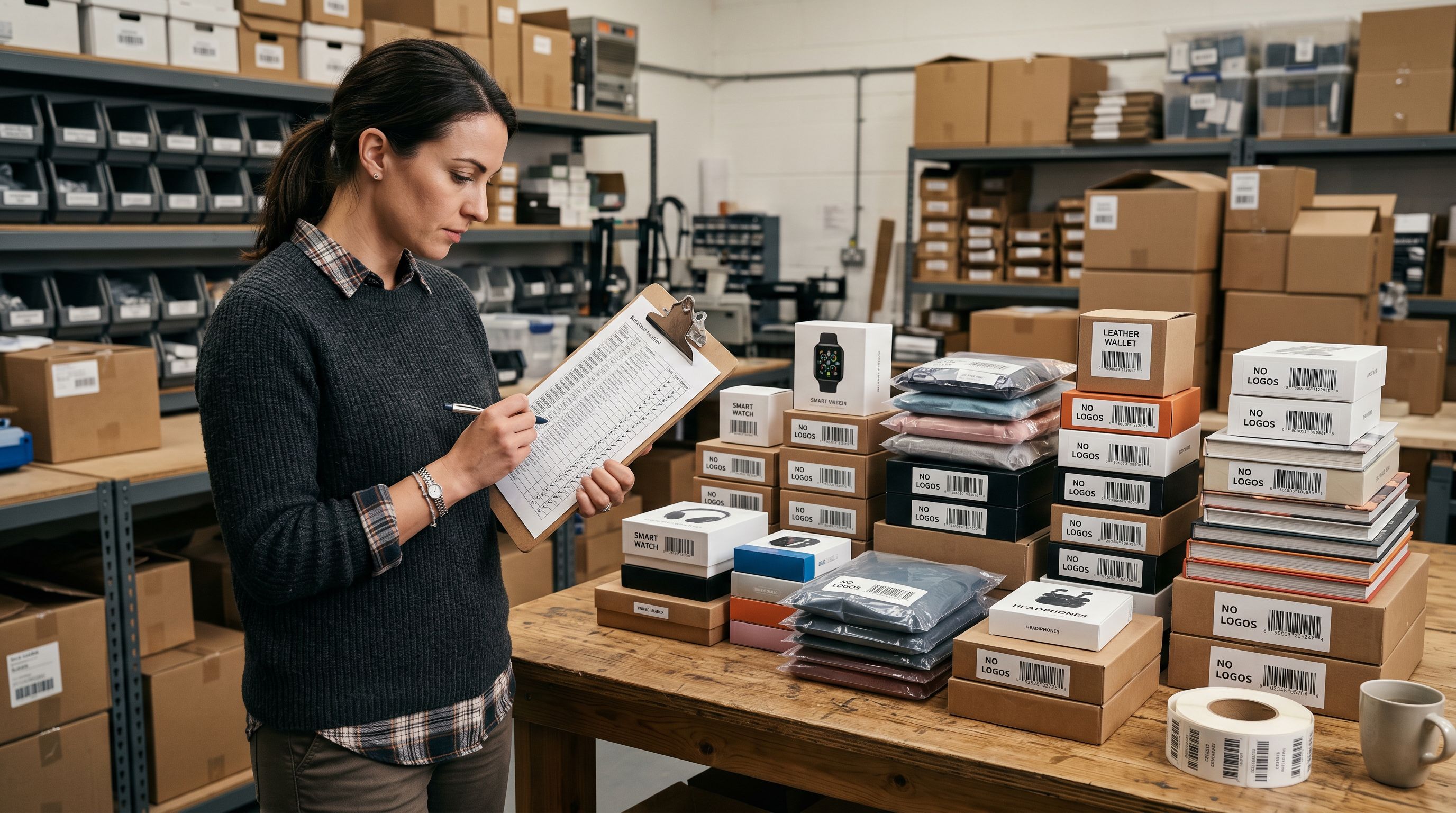 Reseller reviewing a barcode manifest spreadsheet on a clipboard beside sorted product boxes ready for catalogue entry.