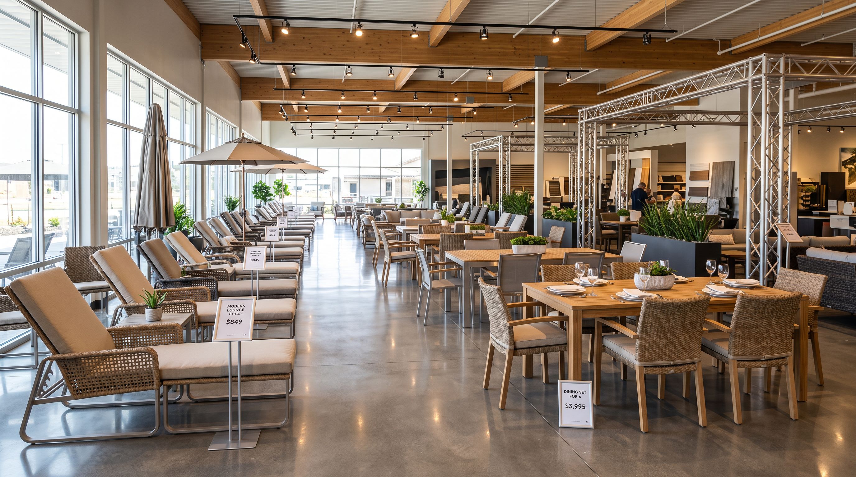 A row of outdoor furniture products photographed on display in a showroom, showing lounge chairs and tables arranged in a grid pattern with pricing tags, representing the type of supplier product range that can be imported via URL.