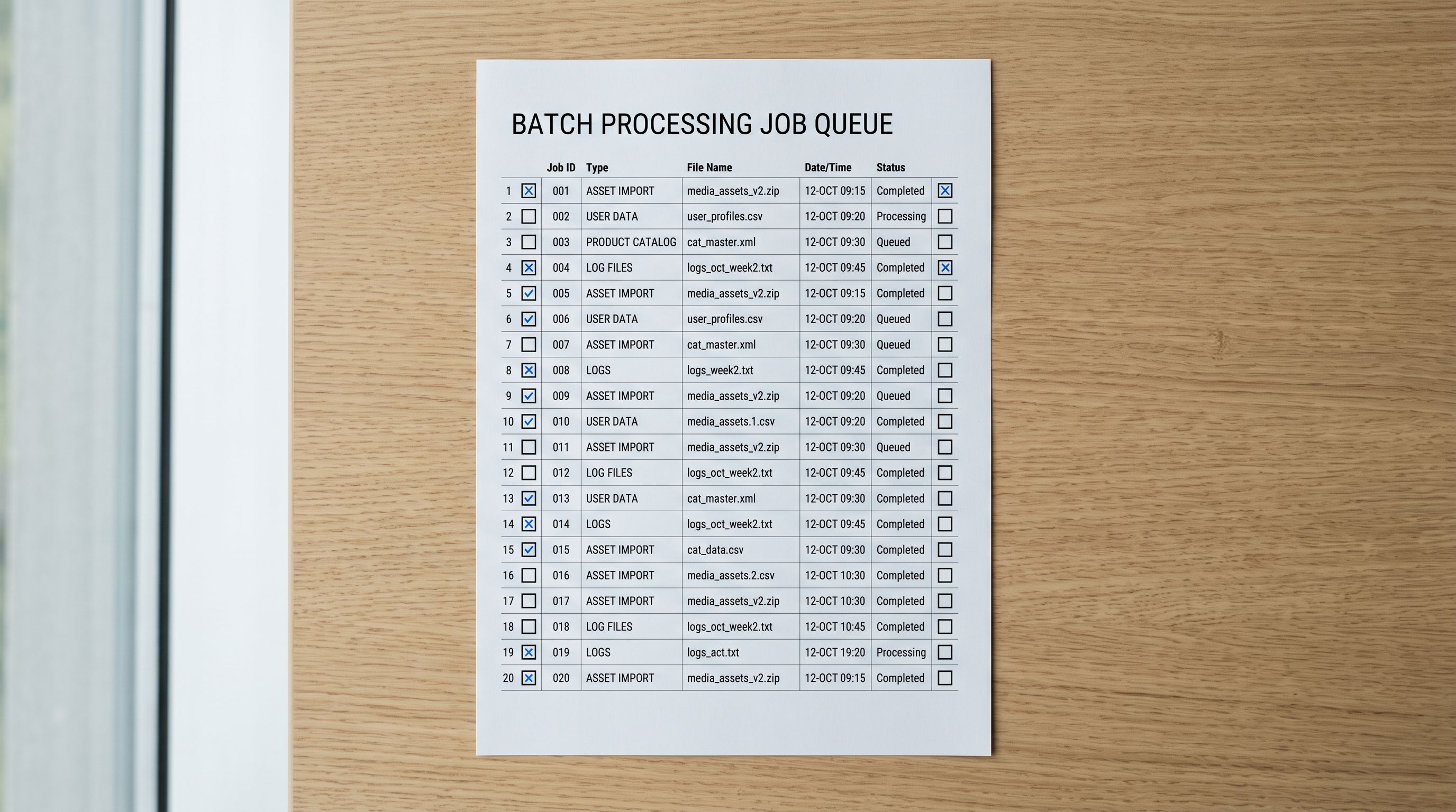 A printed batch import queue sheet showing multiple product URLs listed in a column with extraction status indicators beside each row, representing the parallel import of multiple supplier product pages.