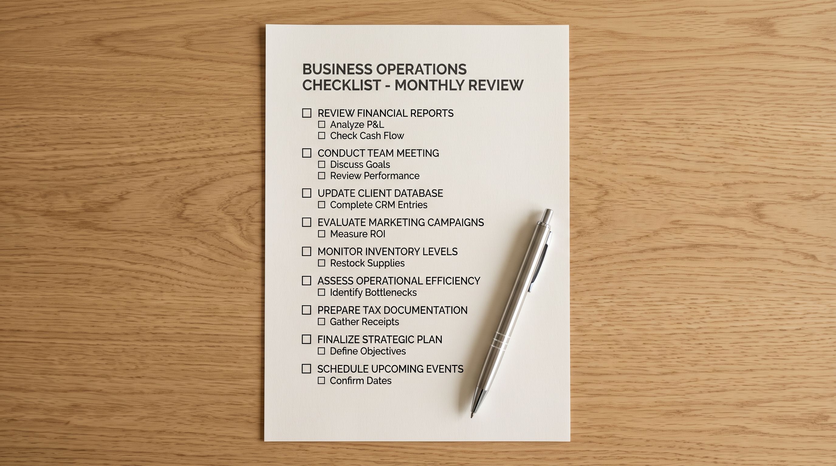 A printed legal checklist document on a desk with boxes to tick beside each item, representing the commercial relationship verification a merchant performs before importing a supplier's product range.