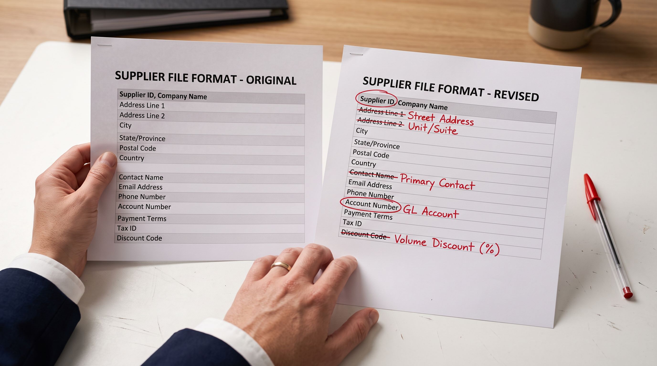 Two printed spreadsheet header sheets held side by side showing original and revised column names with red pen correction marks on the changed fields