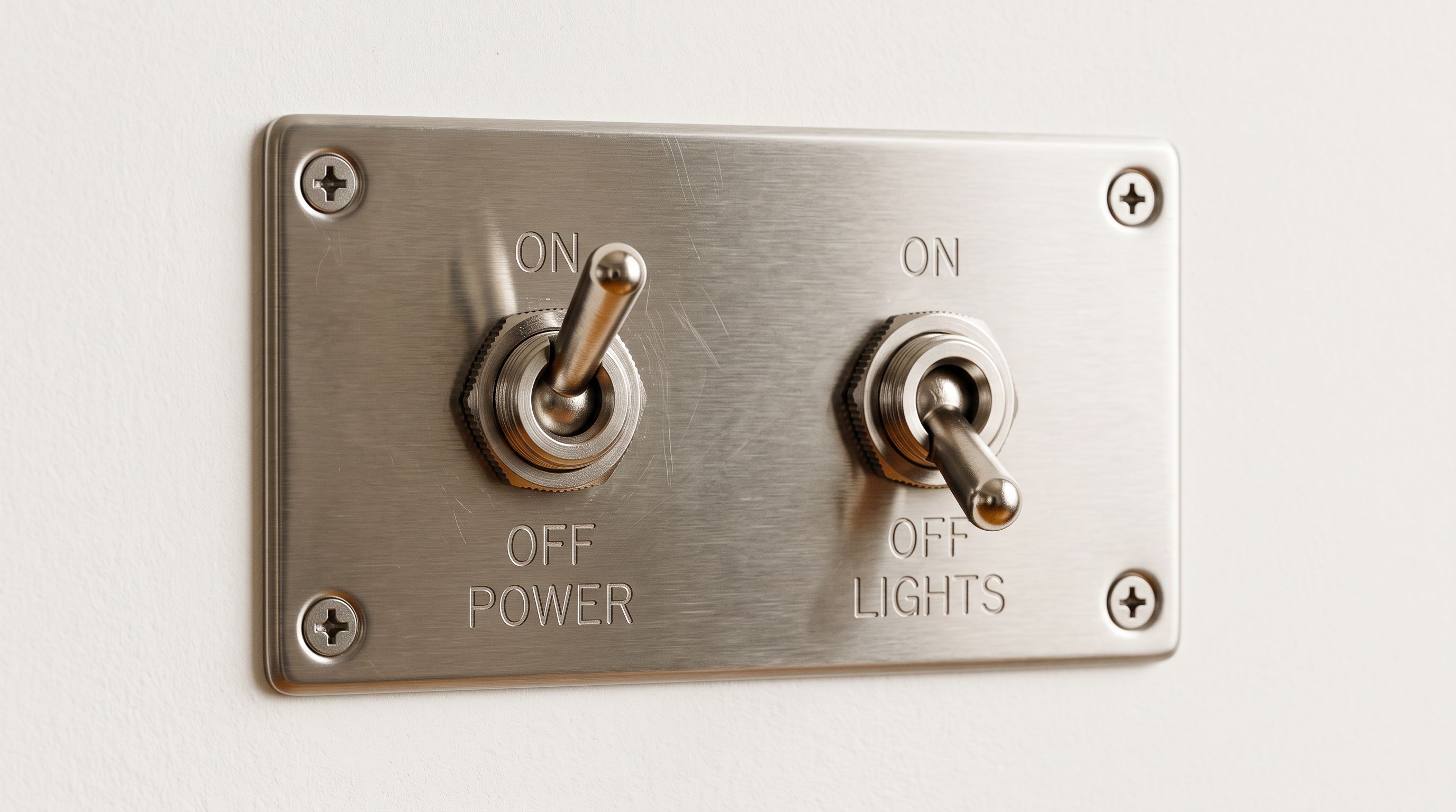 Close-up of a physical toggle switch panel with two positions showing on and off states, mounted on a white surface.