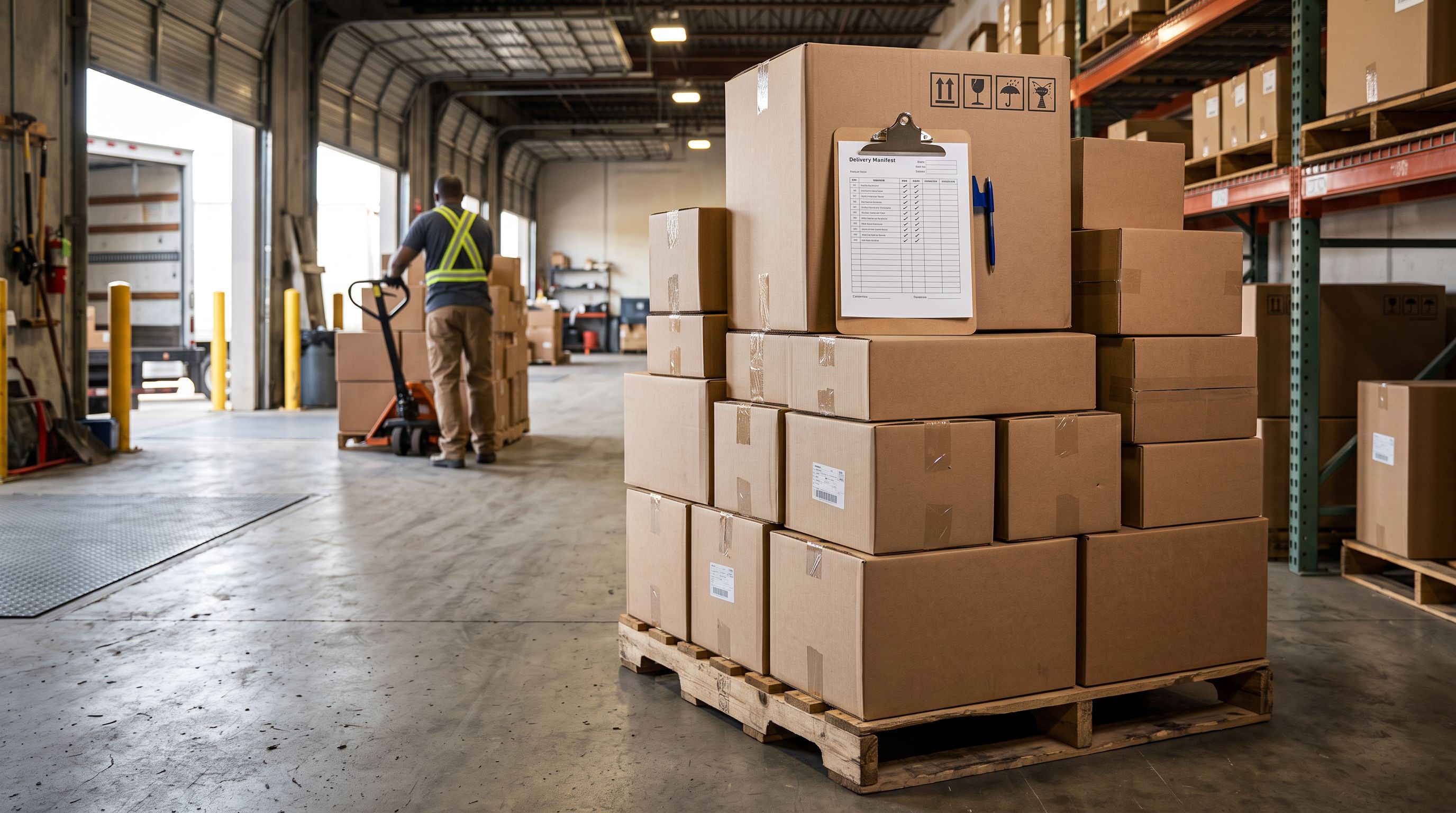 Warehouse receiving dock with stacked cardboard boxes and a clipboard with delivery manifests representing incoming inventory and pre-order fulfilment.