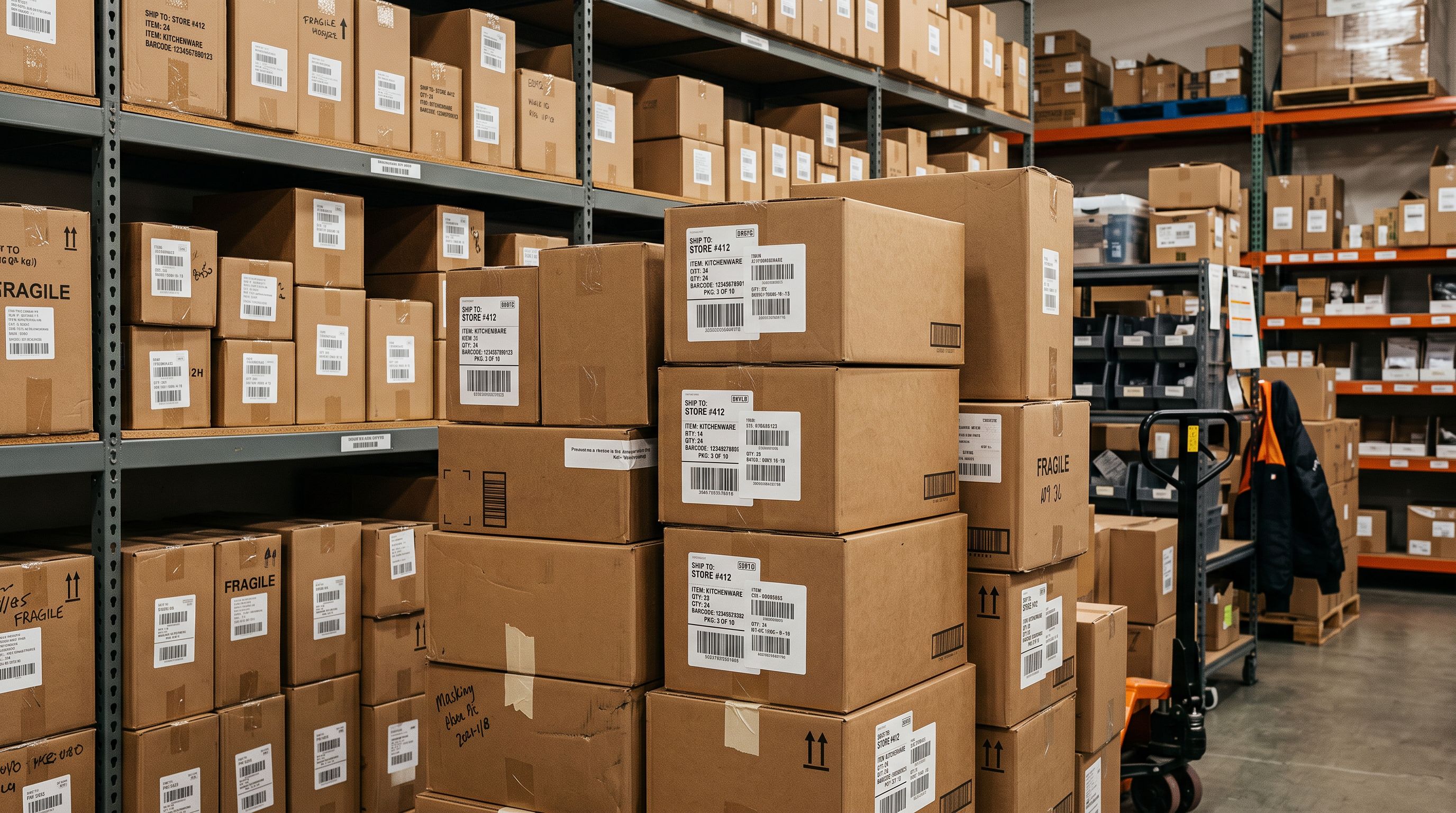 Cardboard shipping boxes in a stockroom with duplicate inventory labels showing original and replacement barcode stickers