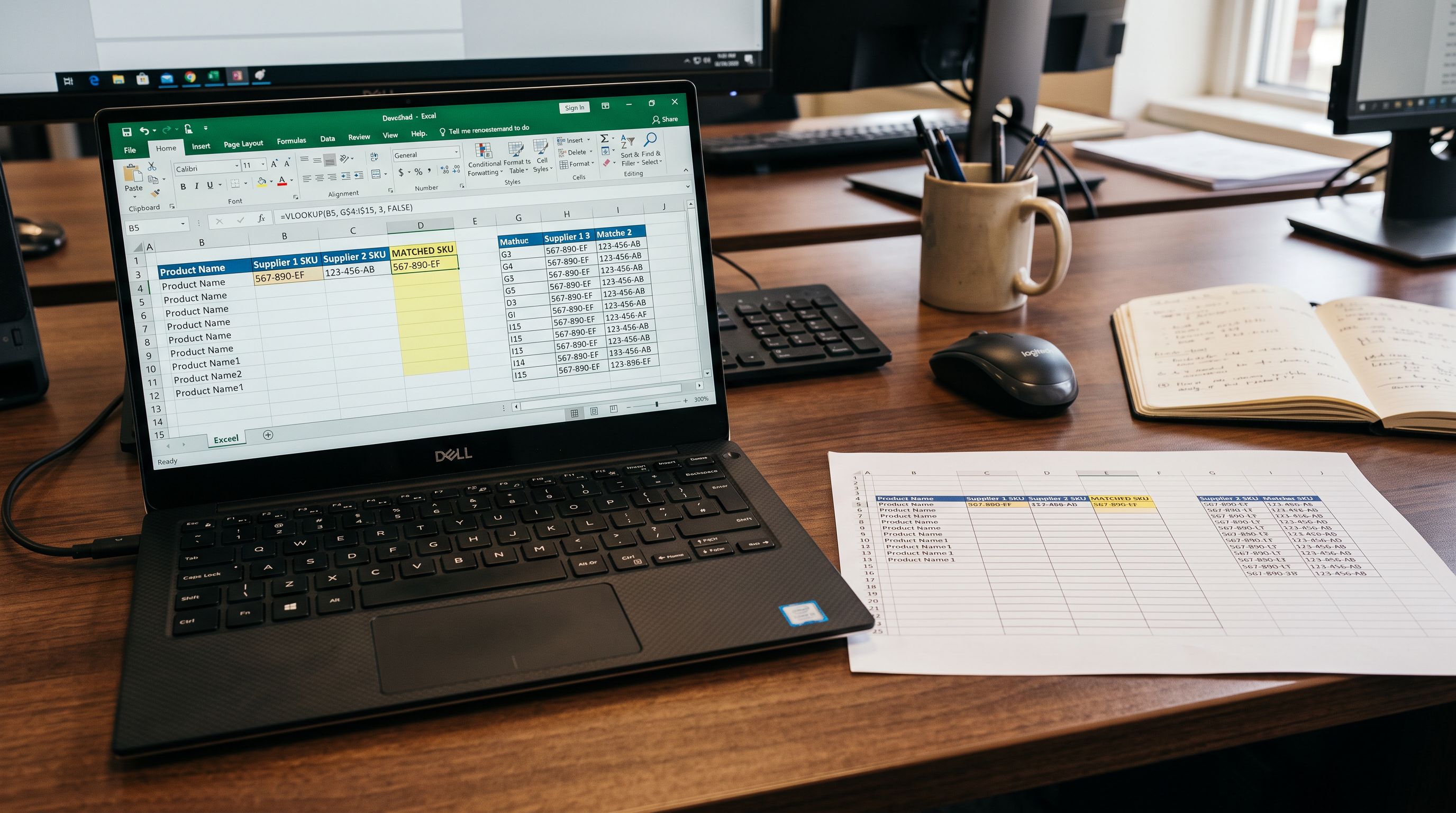 Open laptop on a trade desk beside a printed spreadsheet showing SKU code matching across two supplier columns