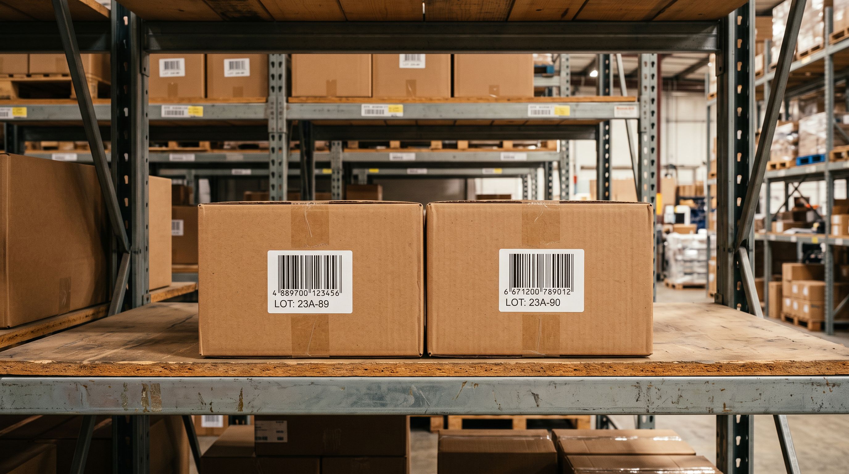 Two identical product boxes side by side on a warehouse shelf with different barcode labels attached to each box