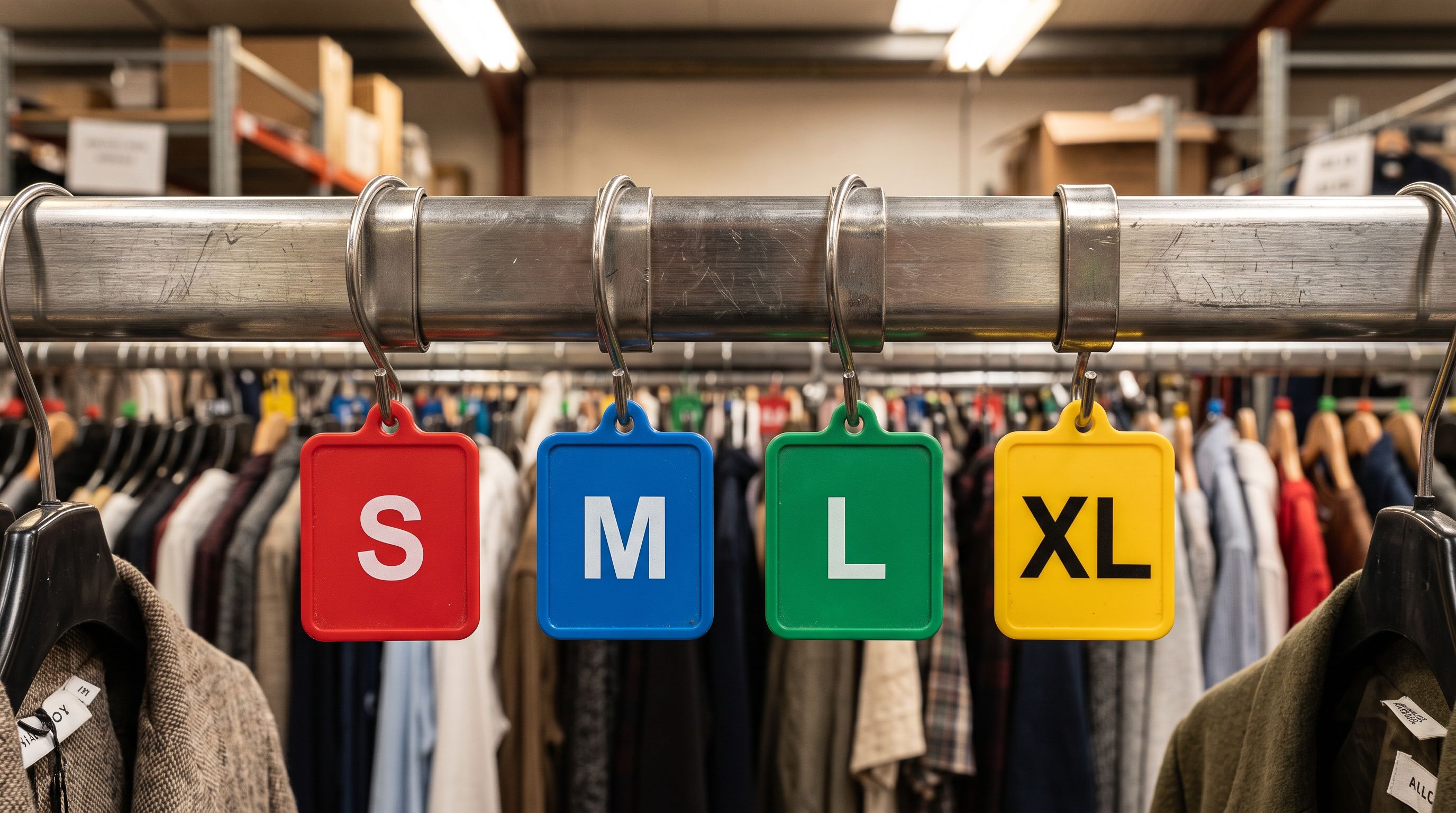 Close-up of plastic size tags S M L XL hanging on a stainless steel retail garment rail in a fashion warehouse, each tag a different colour