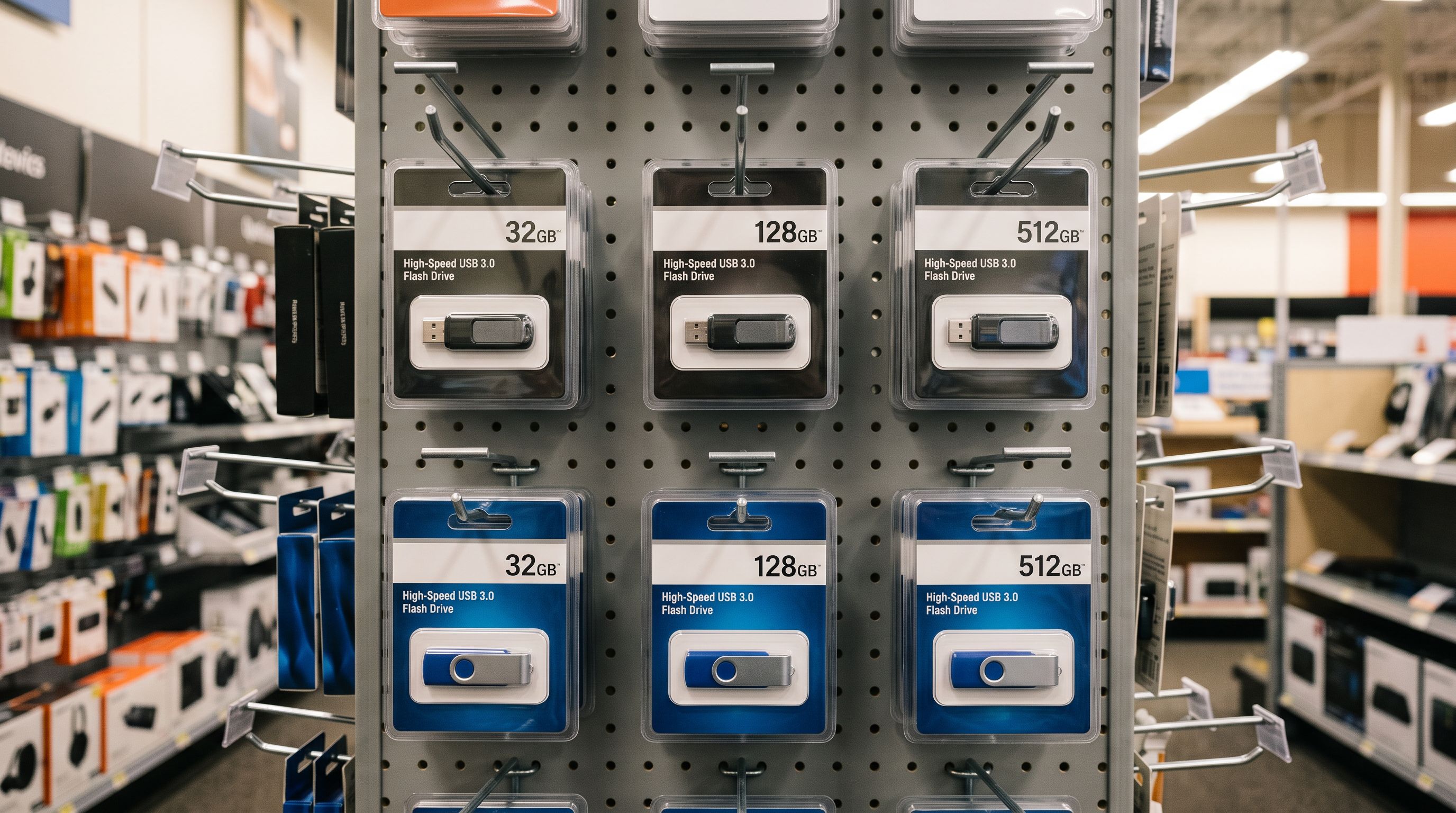 USB flash drives in three storage sizes and two colourways mounted on retail display hooks in a consumer electronics store, product labels showing capacity