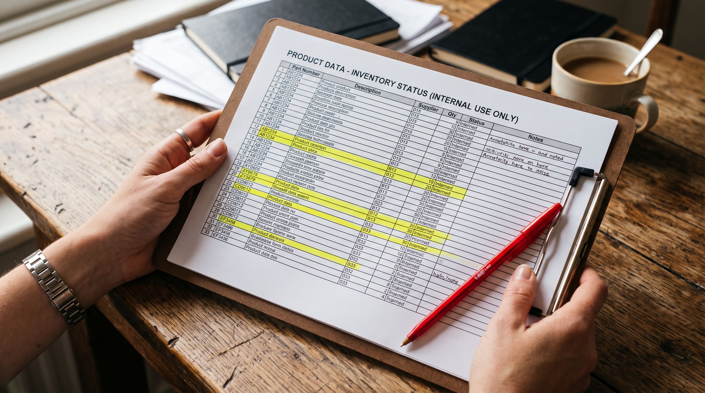 Hands reviewing a printed product data spreadsheet on a clipboard over a wooden desk, rows highlighted in yellow with a correction pen resting across one corner