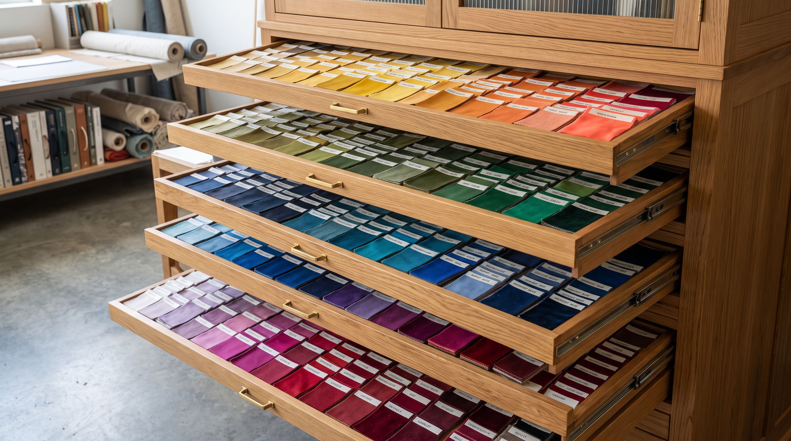 Rows of coloured fabric swatches in a large pull-out cabinet organised by colour family in a textile showroom