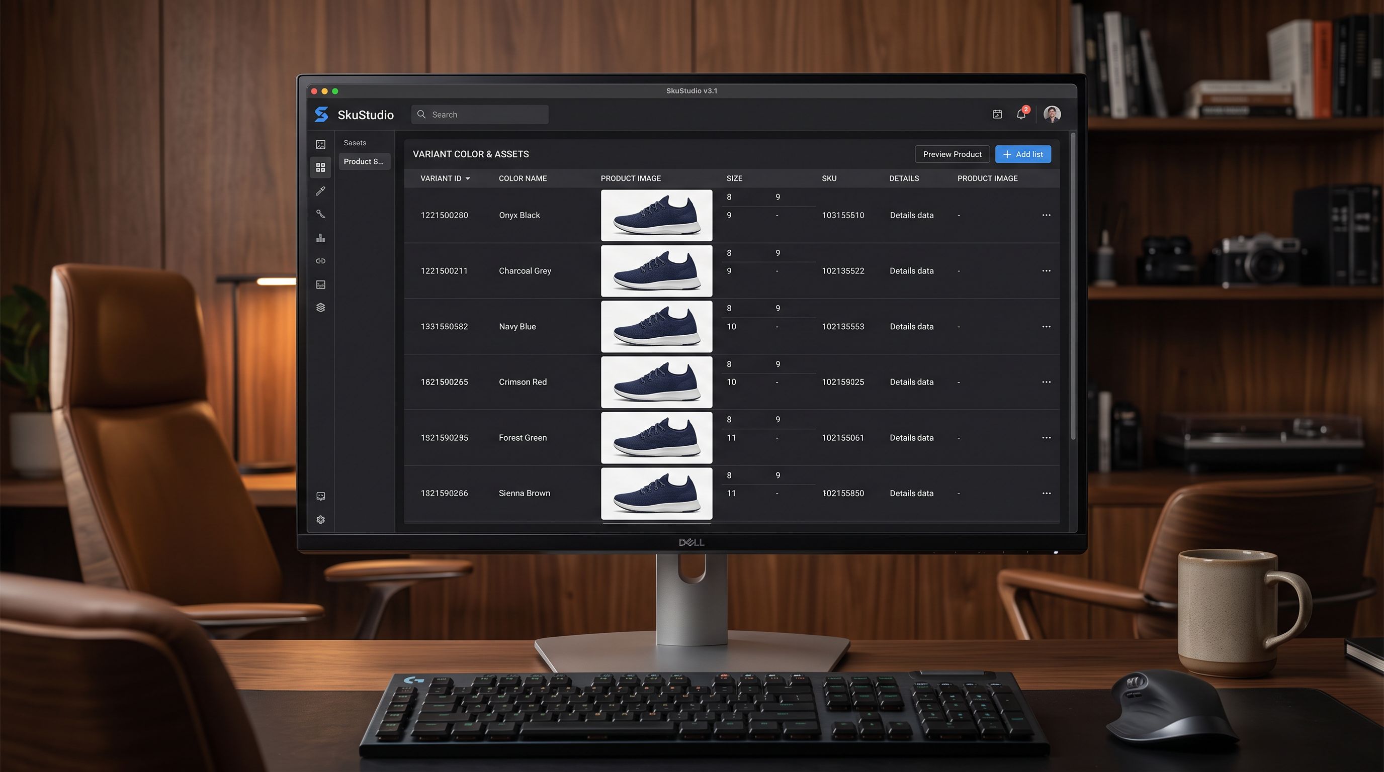 A product management interface showing multiple colour variant rows all displaying the same repeated image despite different colour names listed beside each row.