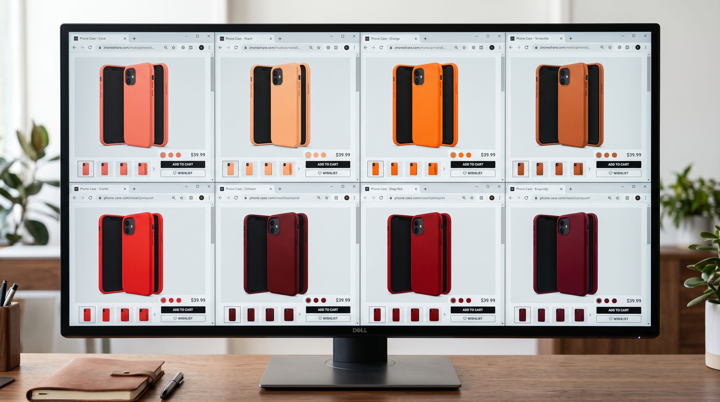 A grid of eight browser windows on a monitor each showing a different coloured phone case product page with its own distinct colour imagery.