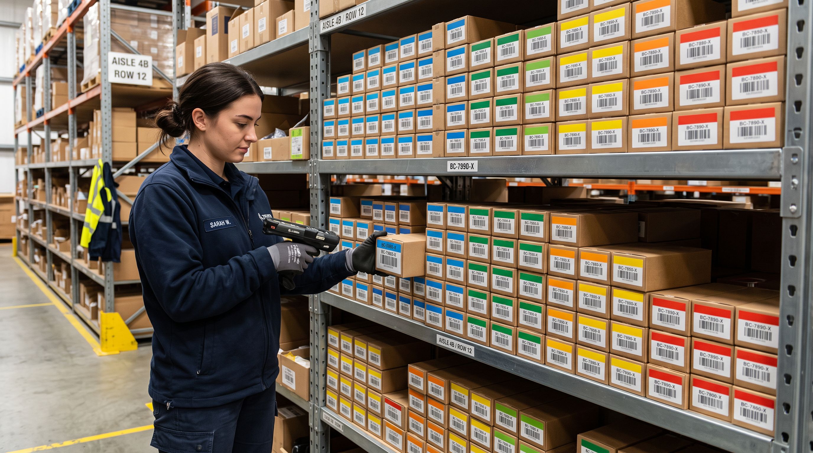 A warehouse worker scanning a barcode on a product box with a handheld scanner, shelves of colour-coded product boxes visible behind.