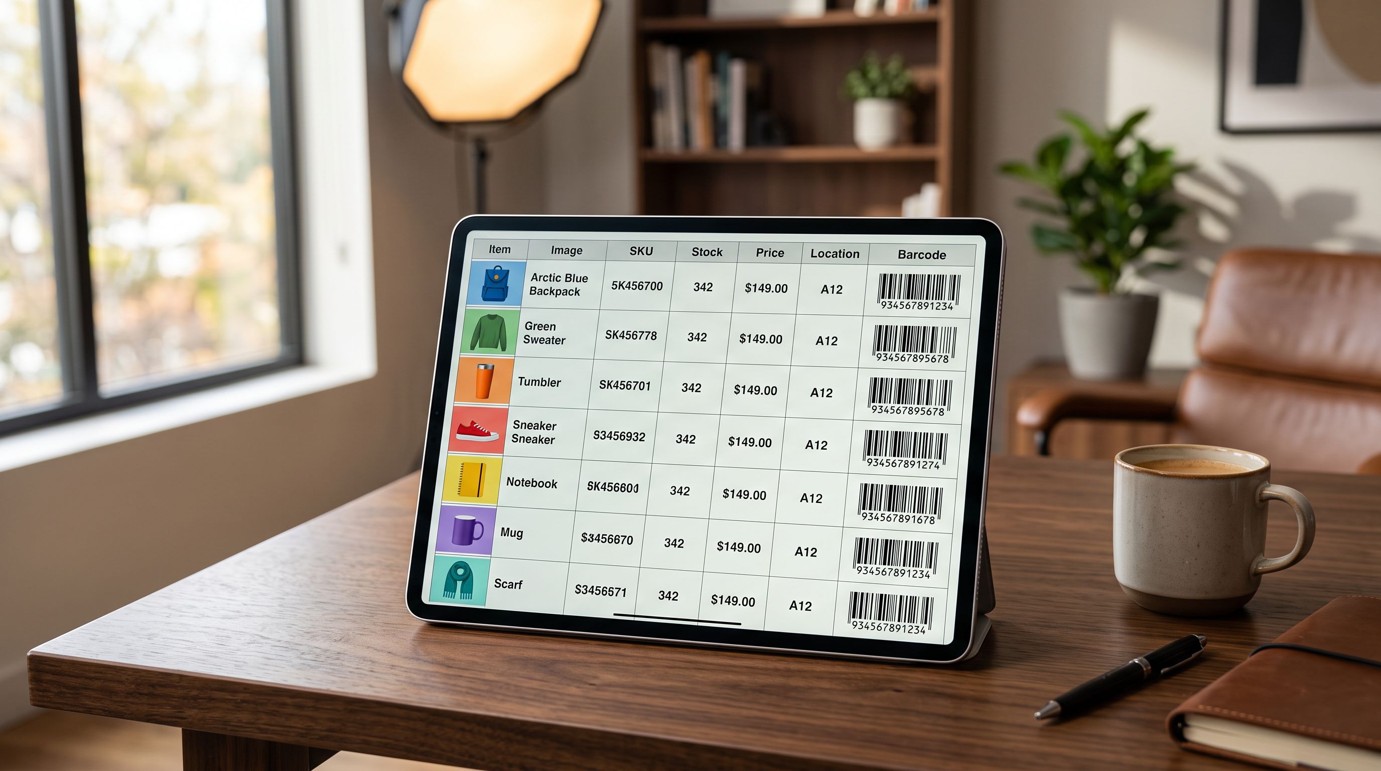A tablet showing a product inventory management grid with colour thumbnail images in the left column and barcode numbers in the right column.