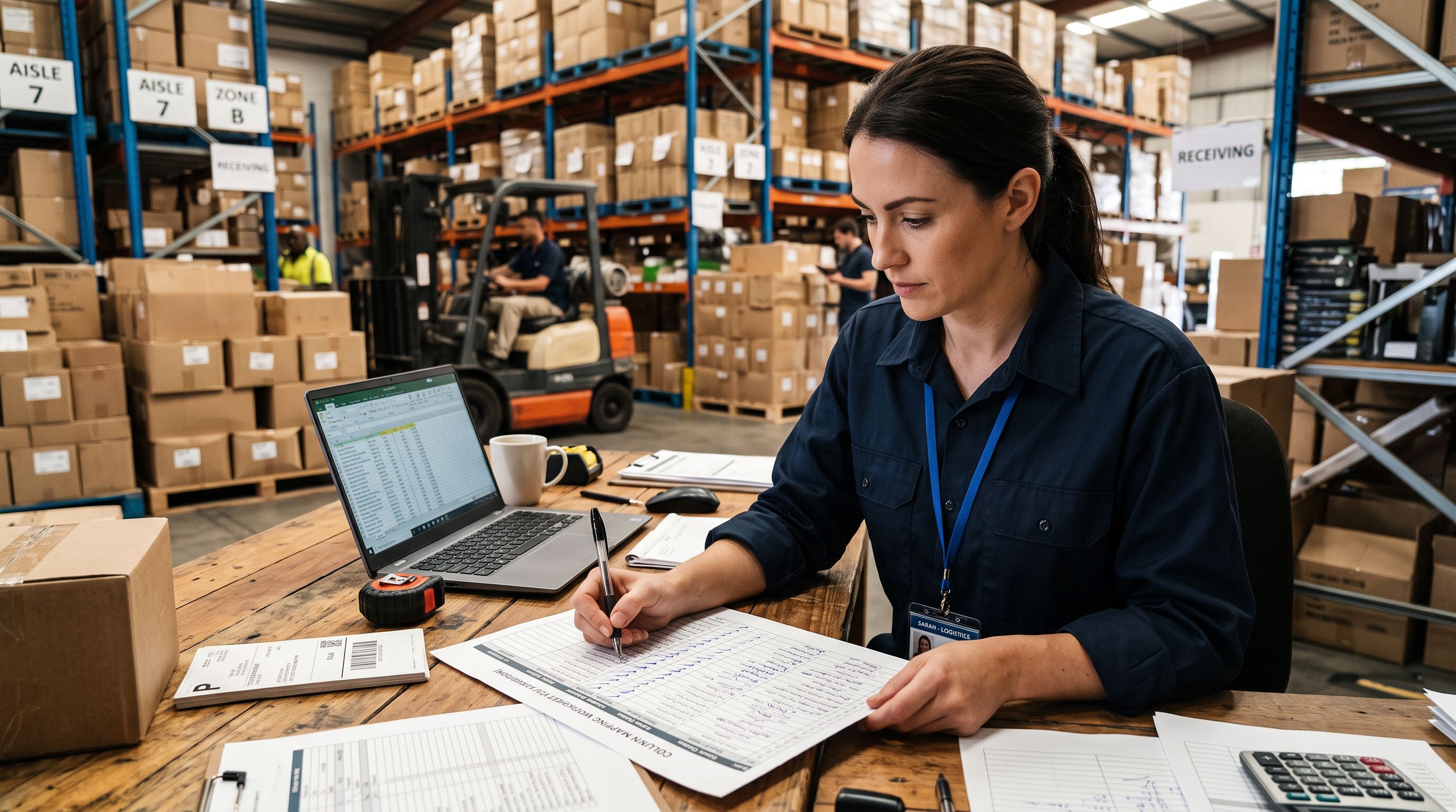 Merchant reviewing a printed column mapping worksheet checking boxes beside supplier data column names