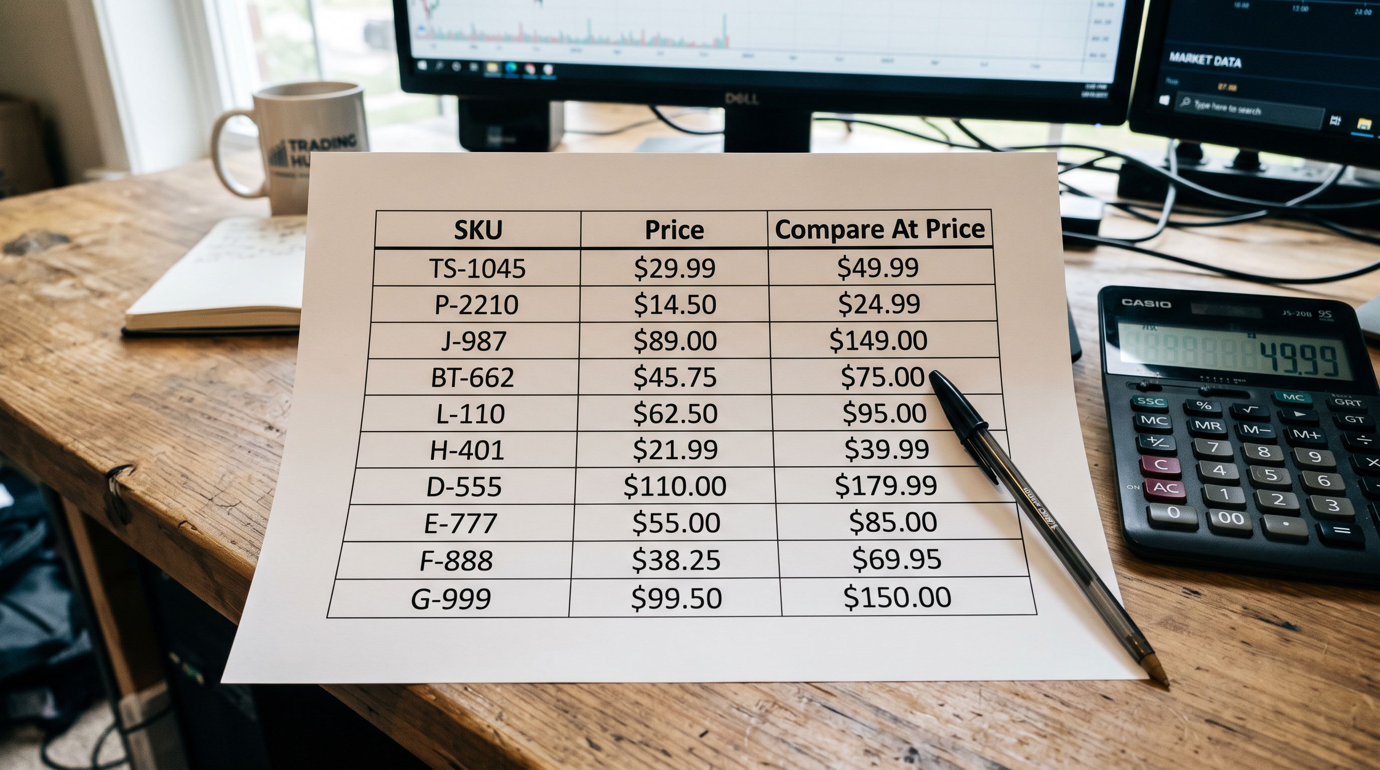Clean spreadsheet printout showing only SKU, Price, and Compare At Price columns on a trade desk with a pen