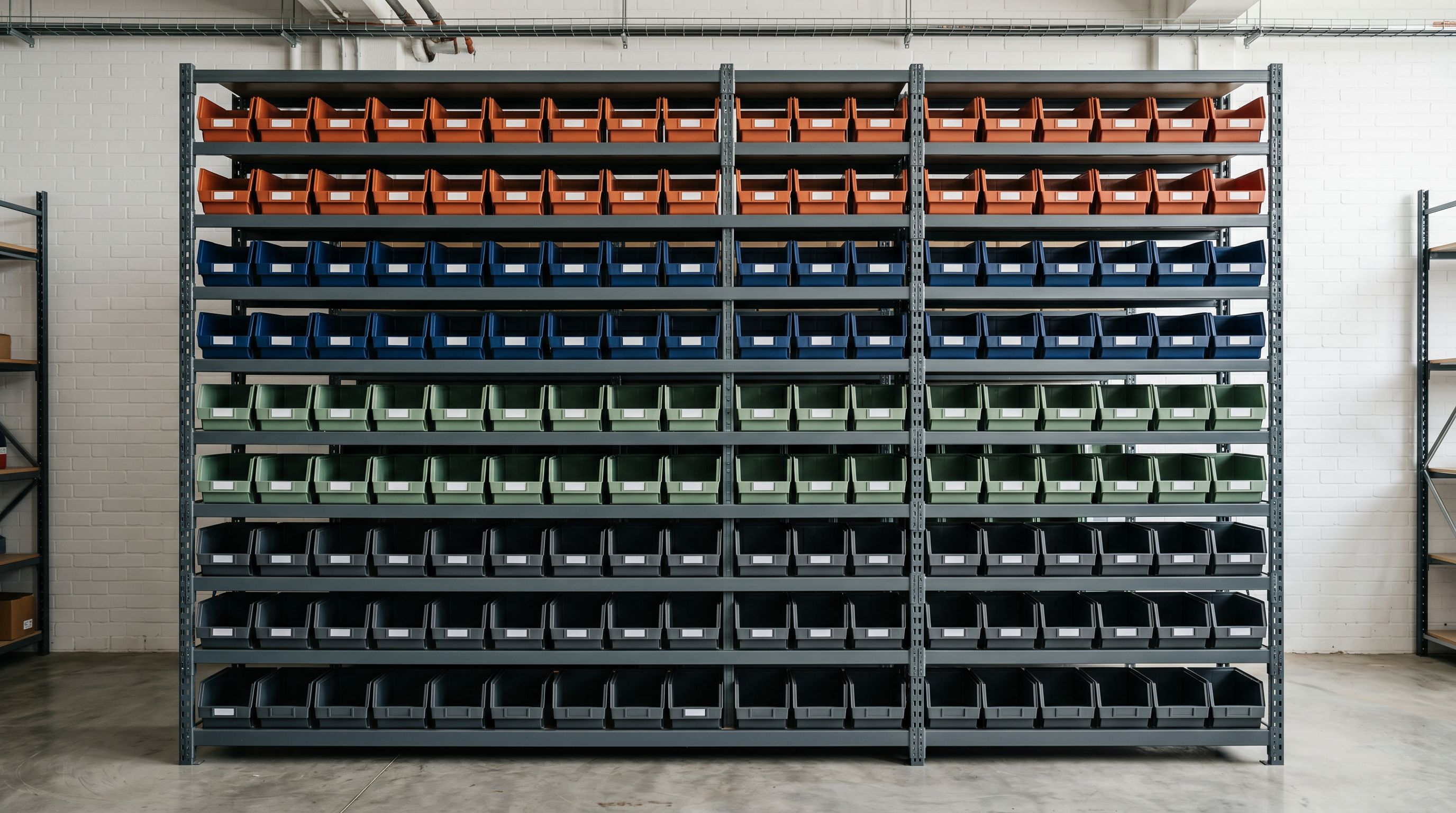 Industrial shelving system displaying organised product sample boxes sorted by category label in a warehouse.