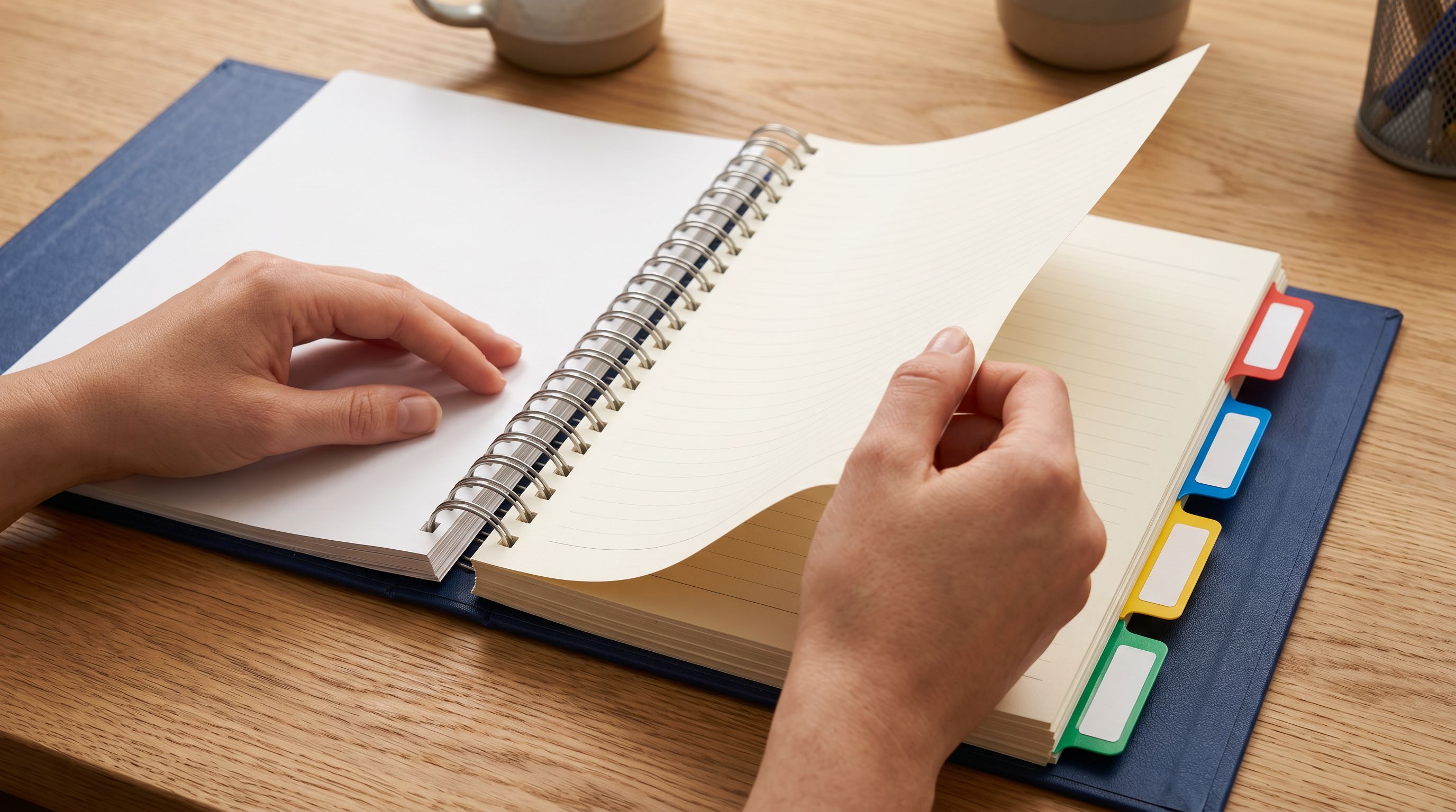Close-up of a person's hands reviewing a printed product catalogue on a desk with organised colour-coded index tabs.
