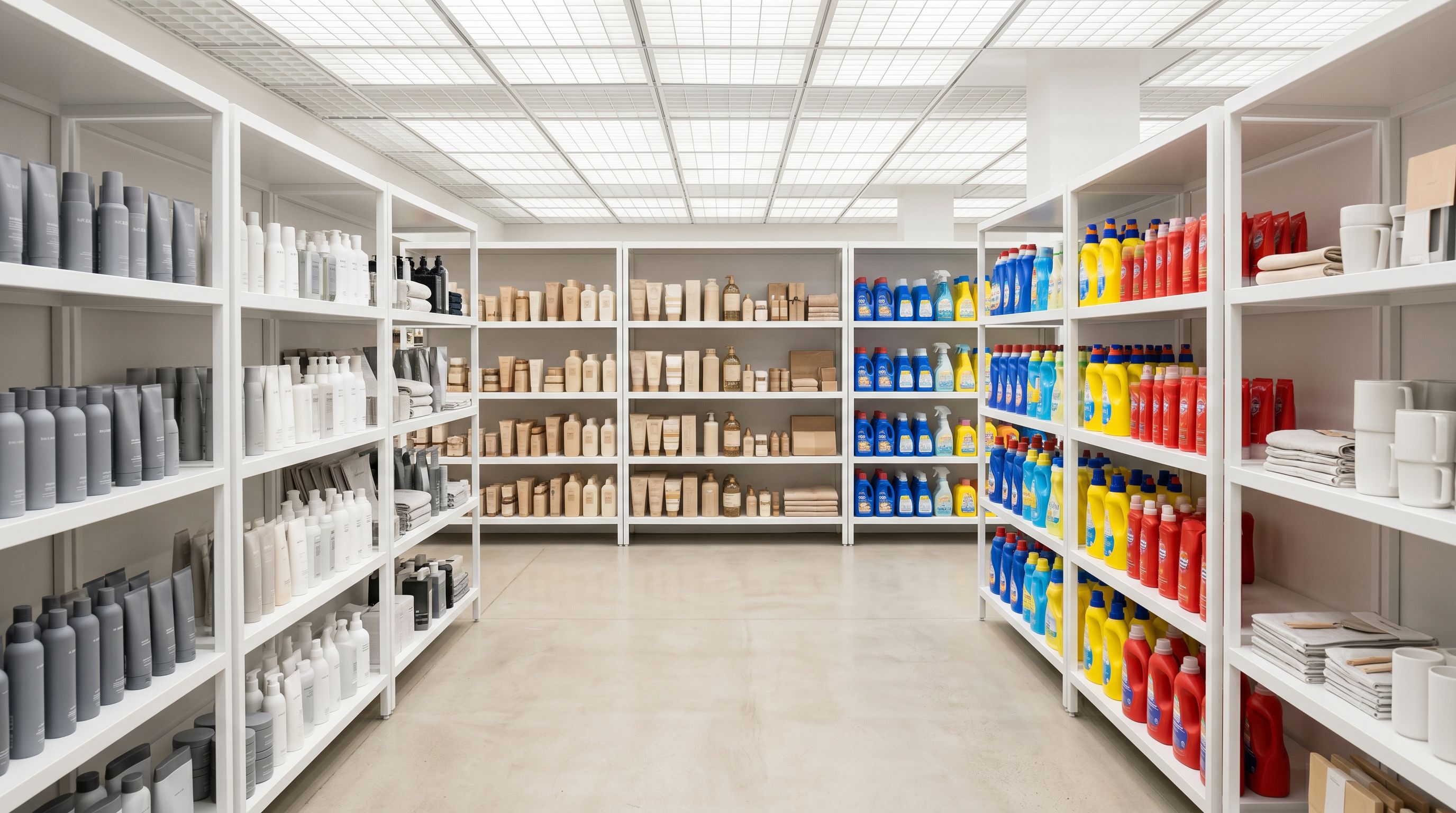 Retail store shelving displaying colour-categorised products arranged in precise sections with clear category signage above each row.