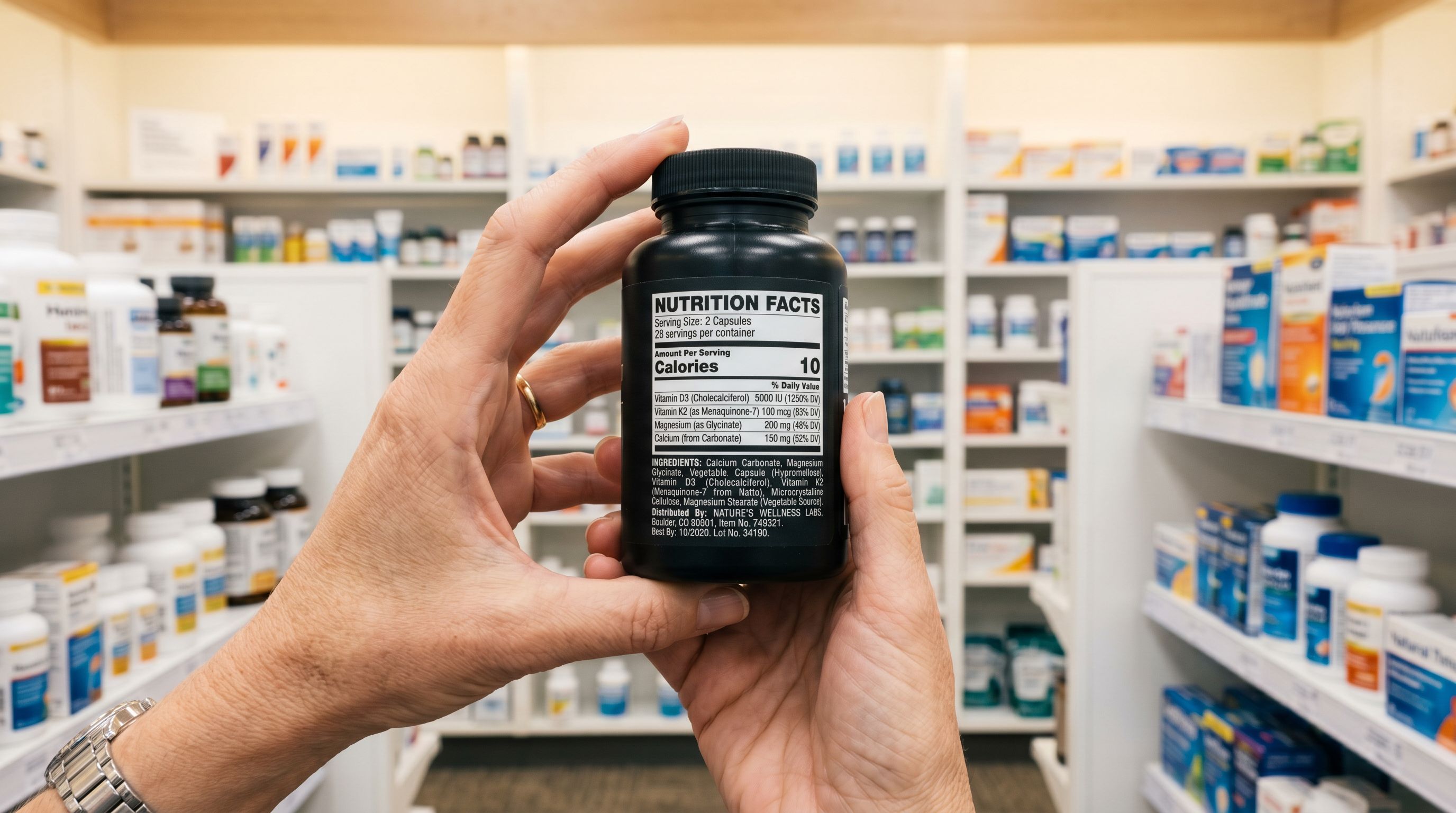 Person in a pharmacy reading the rear ingredient panel of a supplement container with careful attention.