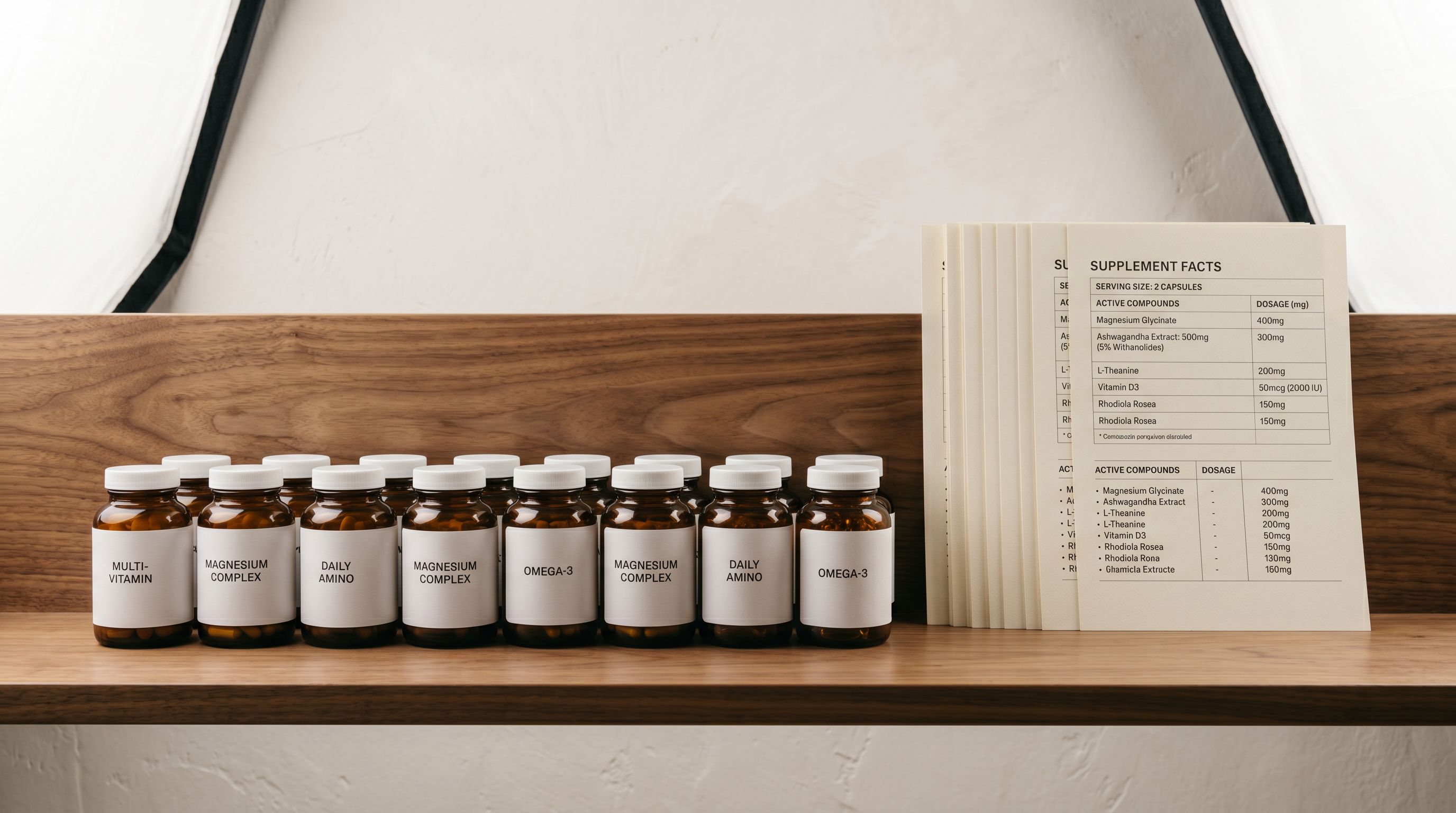 Row of amber supplement bottles on a wooden shelf next to printed ingredient transparency documents.
