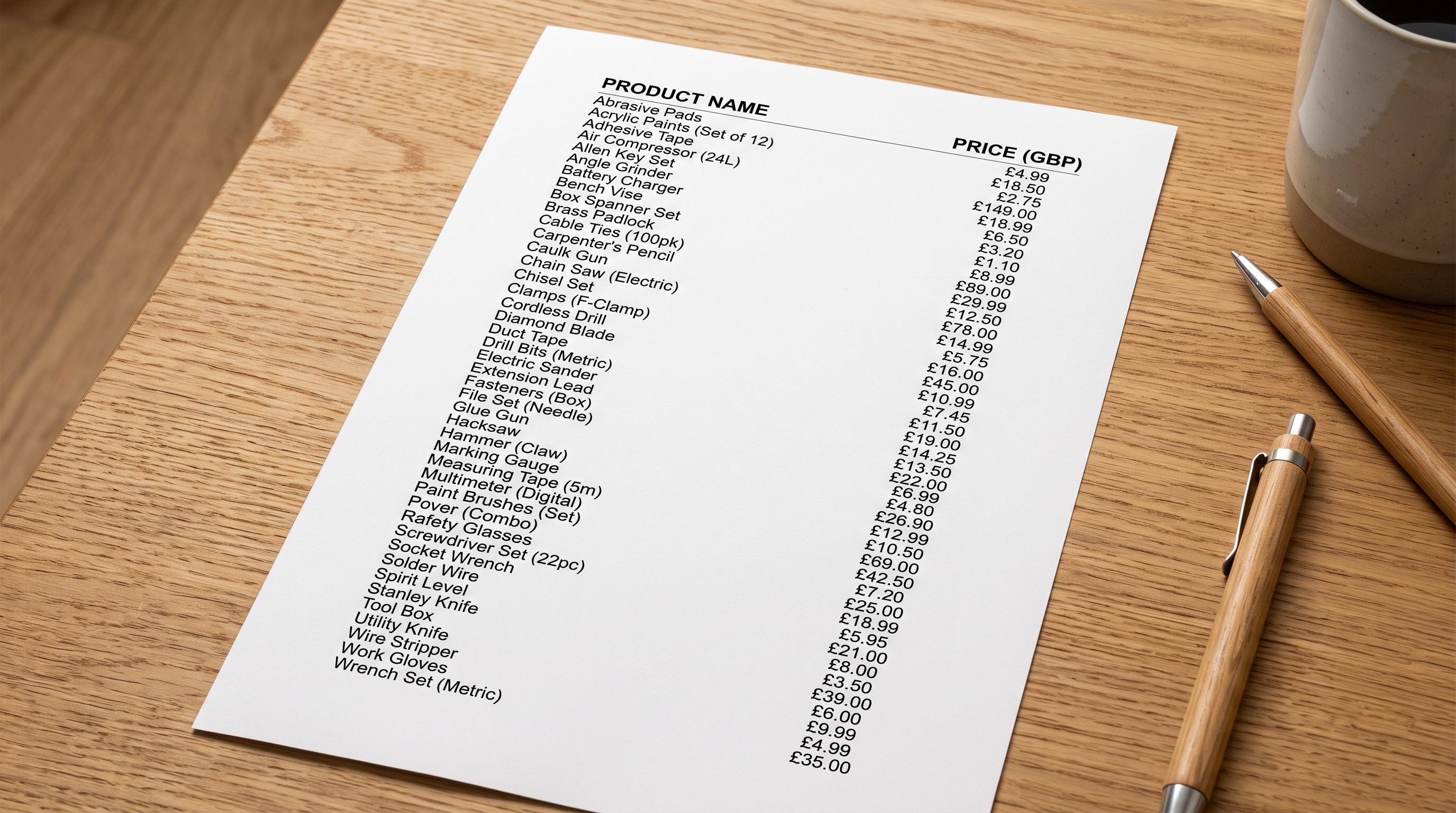 A printed flat product list on a desk showing unorganised product rows with no category grouping, representing the /collections/all default state after an unconfigured product import.