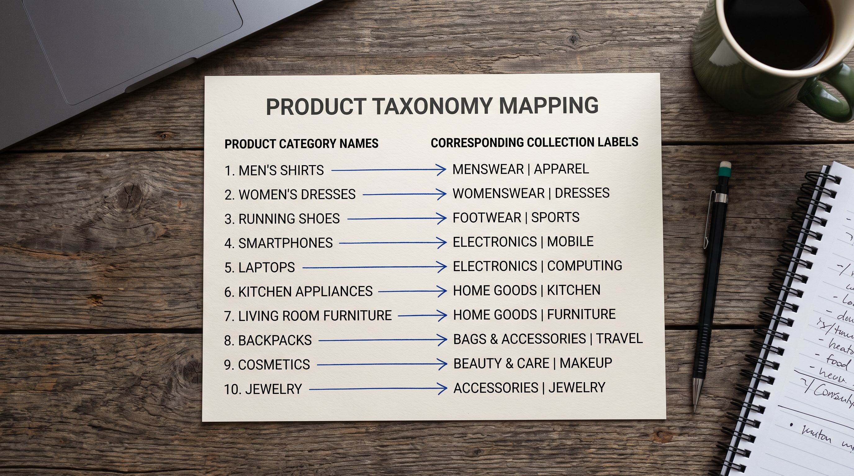 A printed taxonomy reference card on a desk showing product type names mapped to collection labels with hand-drawn connecting arrows, representing the smart collection rule configuration process.
