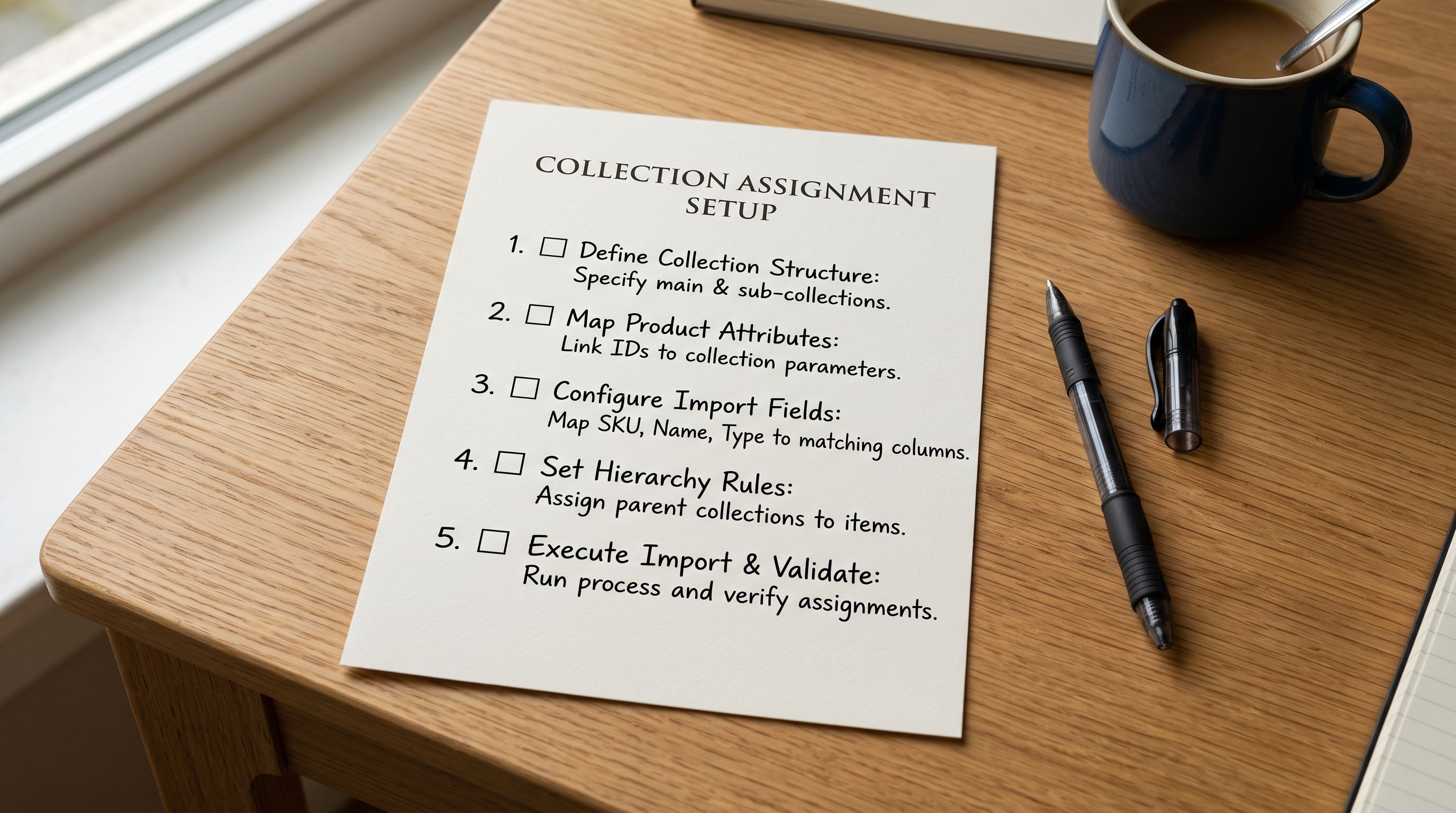 A printed five-step checklist on a desk with numbered import configuration steps and a pen resting beside the paper, representing the collection assignment setup sequence.